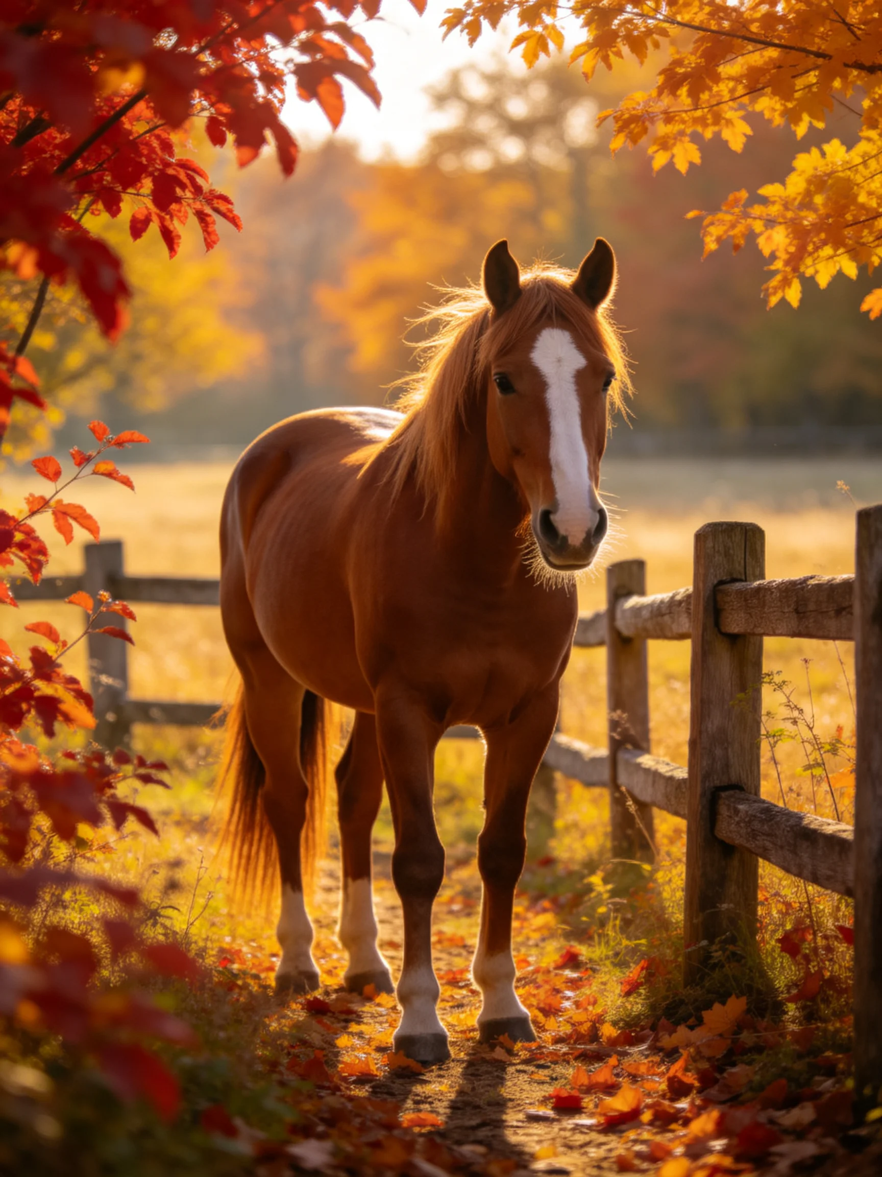 A chestnut horse with white markings near a wooden fence in autumn