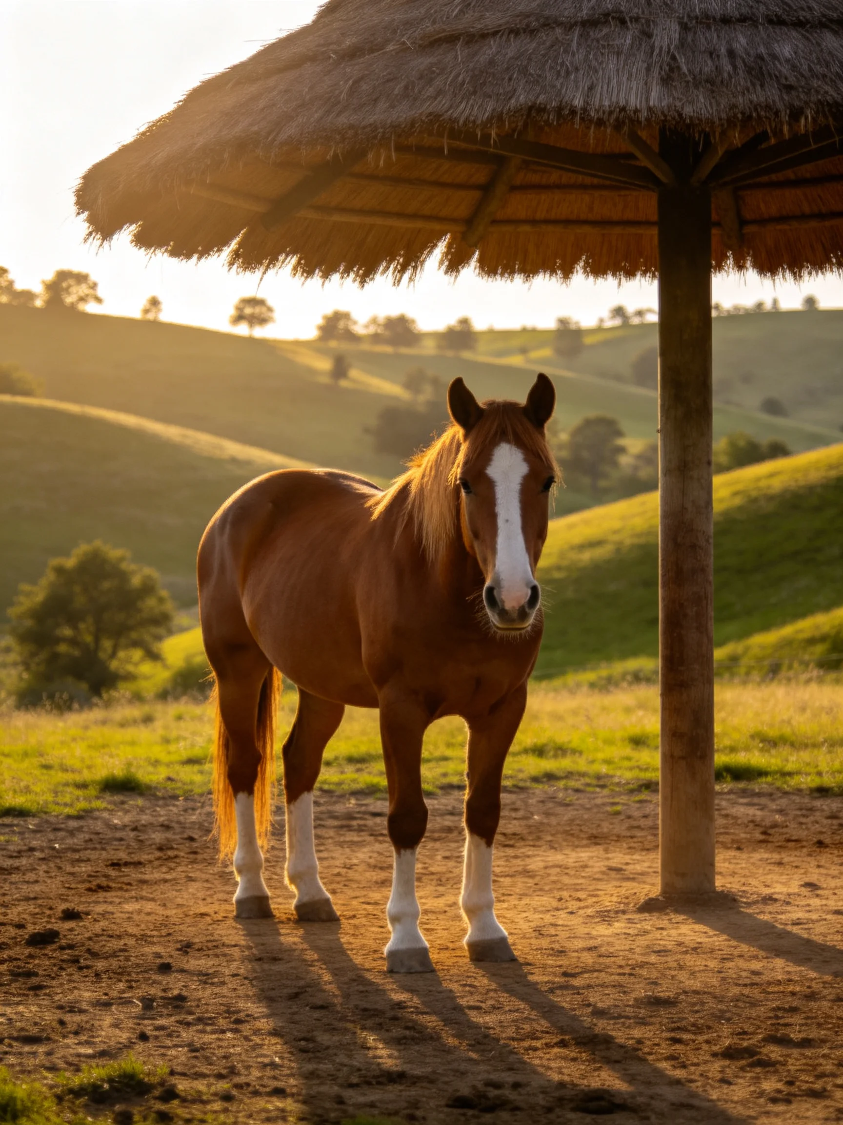 A chestnut horse with white markings stands beneath a straw umbrella in rolling green hills