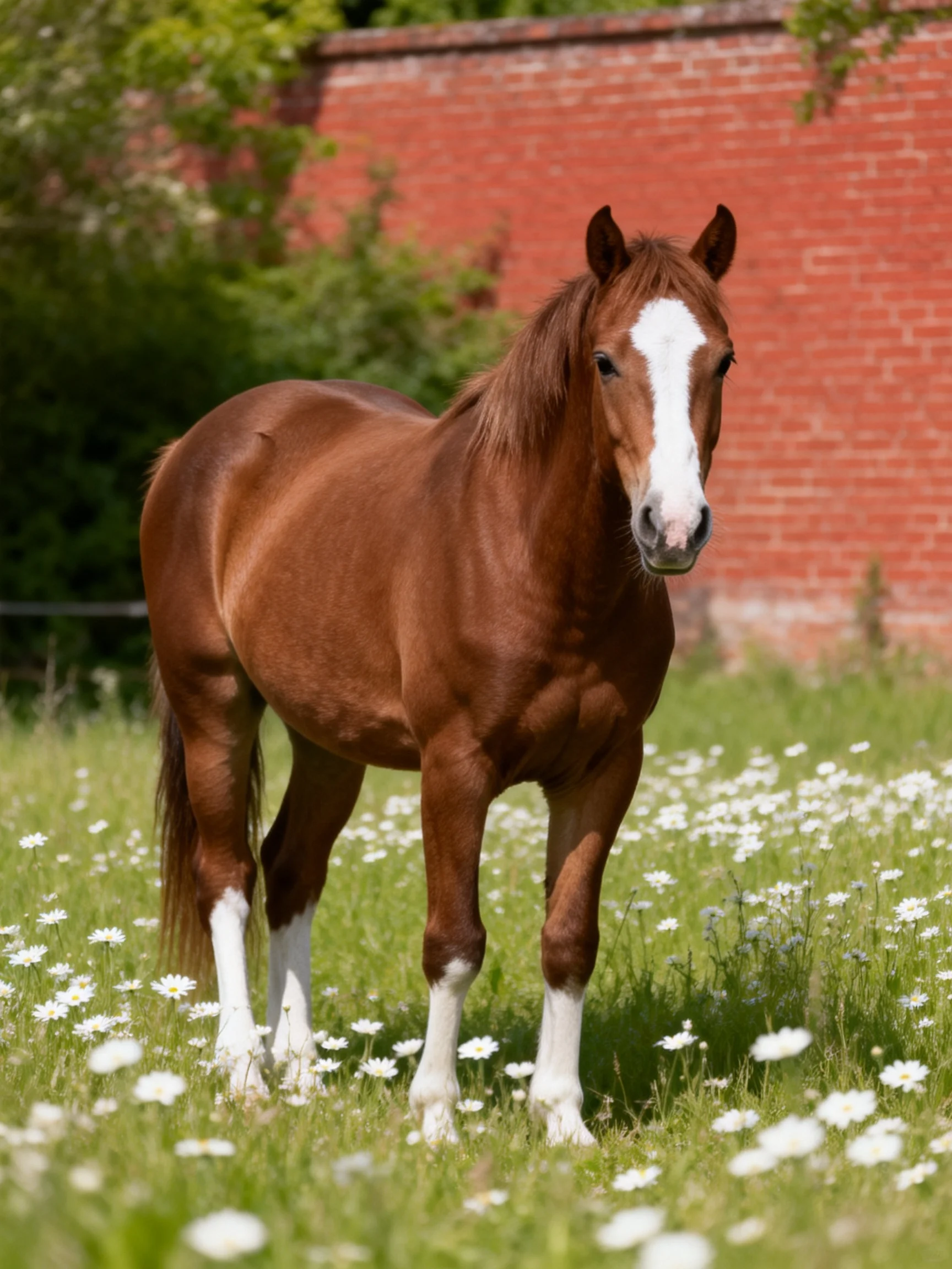 A chestnut horse with white markings stands in a flower-filled meadow near a red brick wall