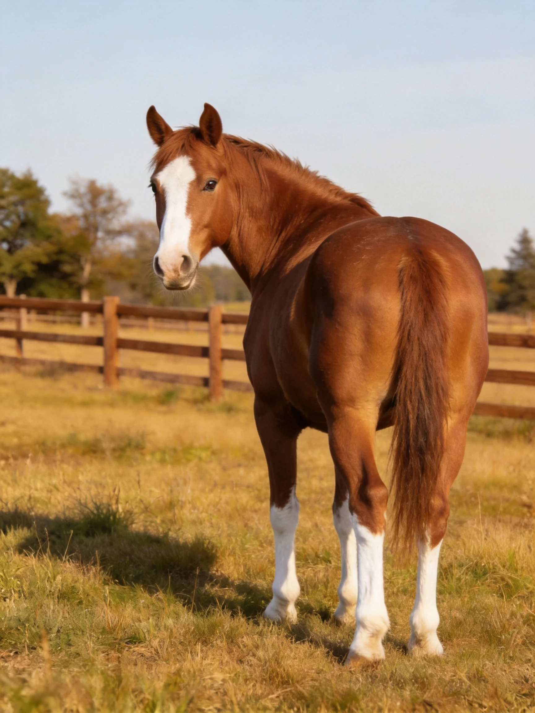 A chestnut horse with white markings stands in a golden field near wooden fences