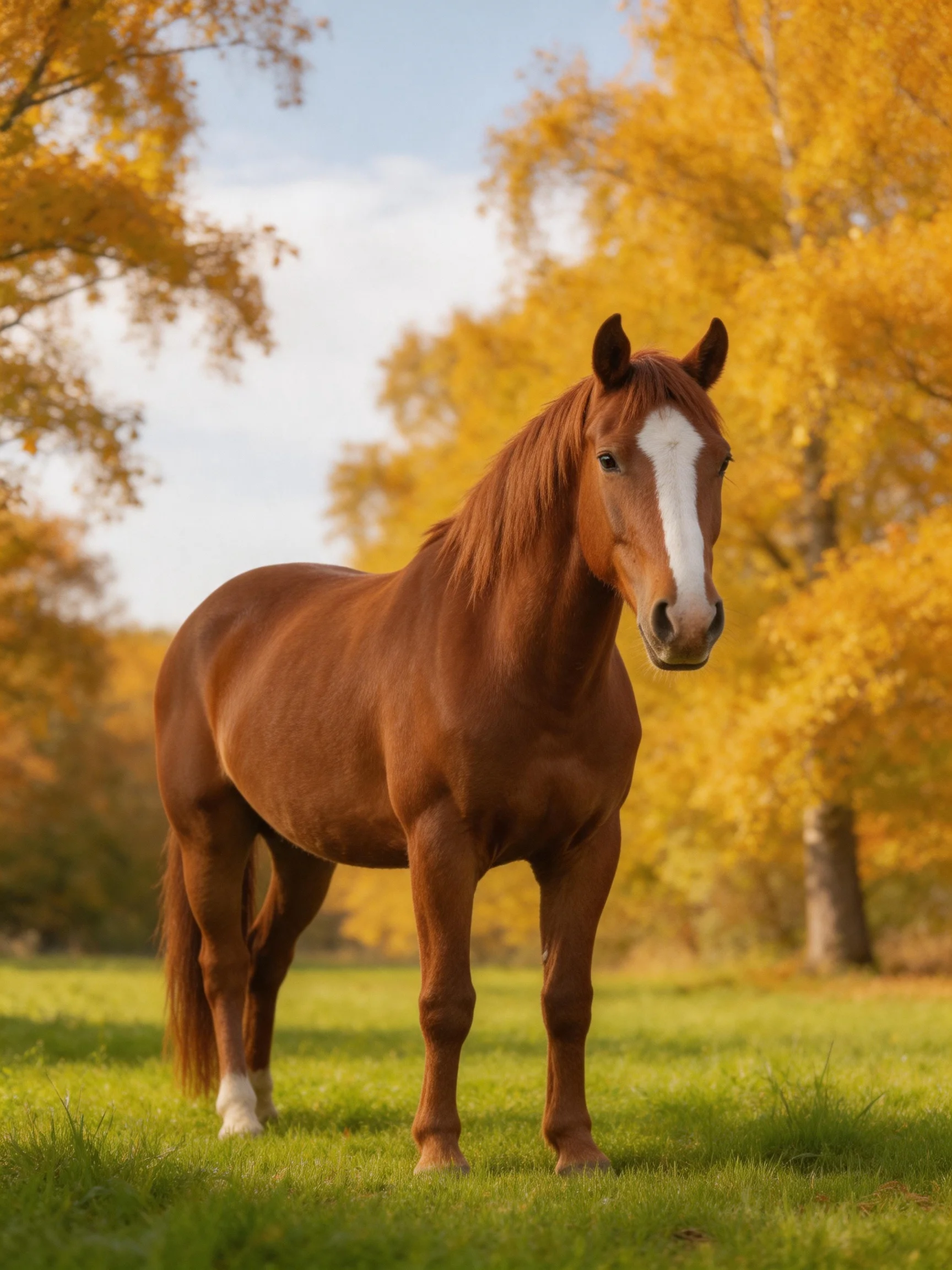 A chestnut horse with white markings stands in a green meadow near golden autumn trees