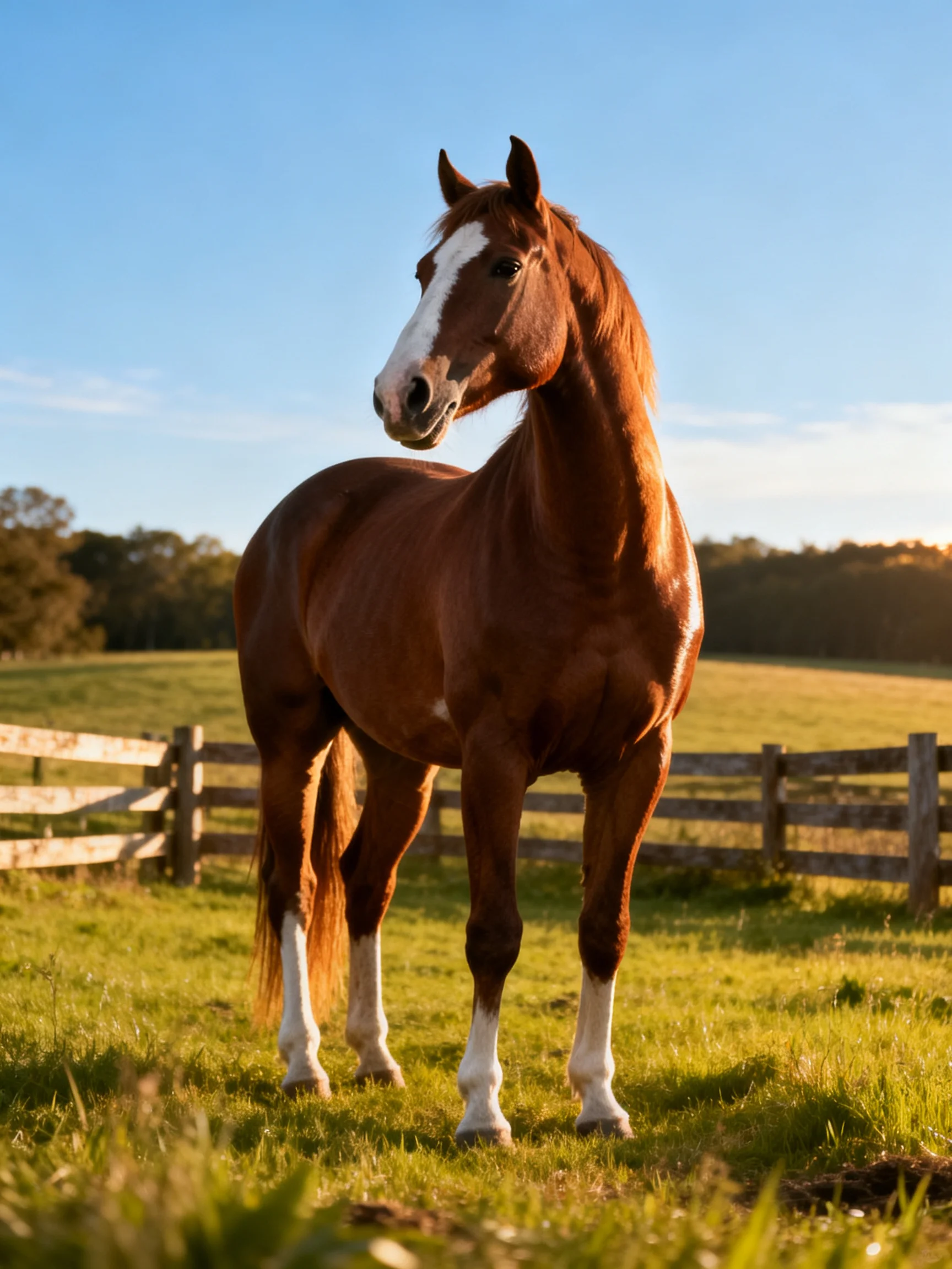 A chestnut horse with white markings stands in a sunlit fenced pasture