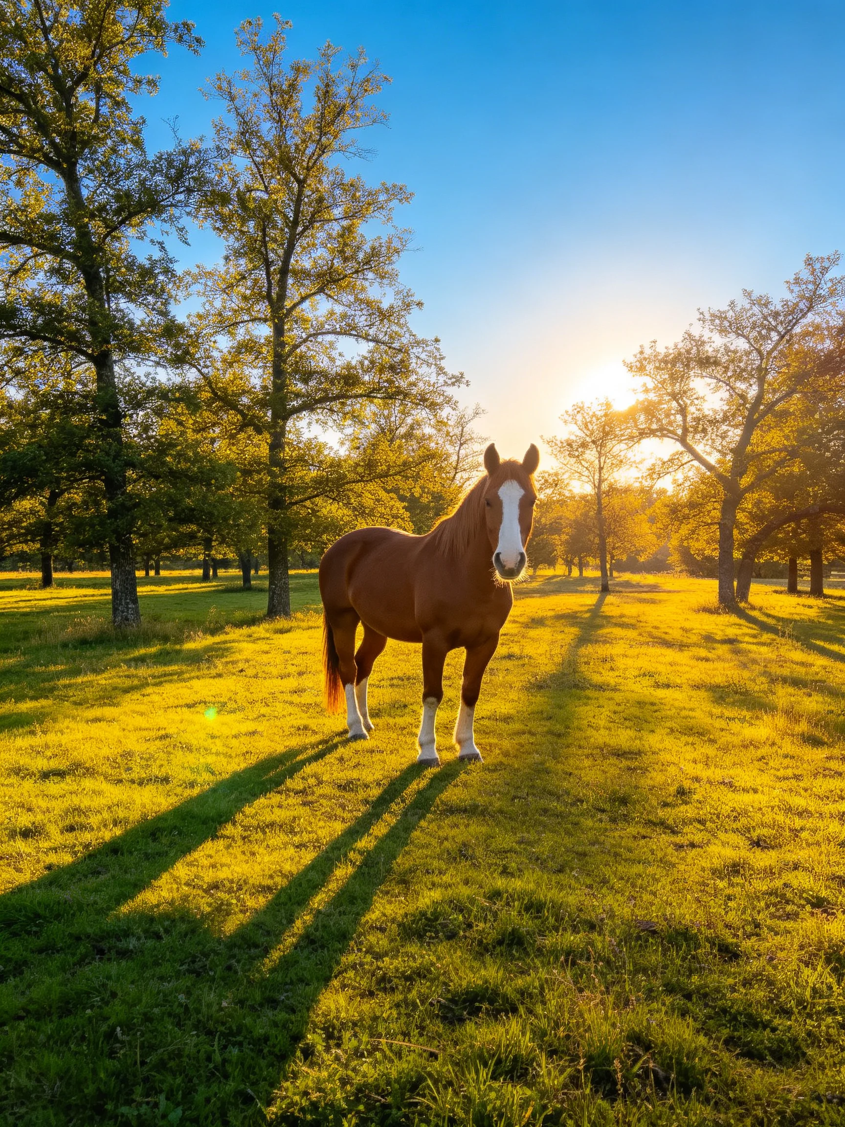 A chestnut horse with white markings stands in a sunlit grassy field near tall trees