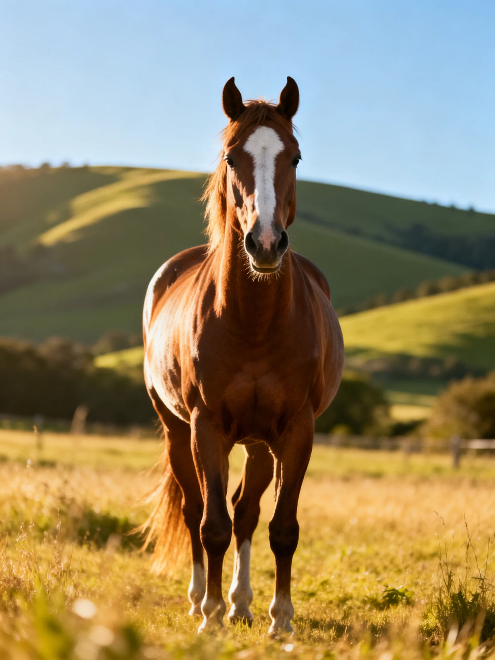 A chestnut horse with white markings stands in a sunlit meadow with rolling green hills