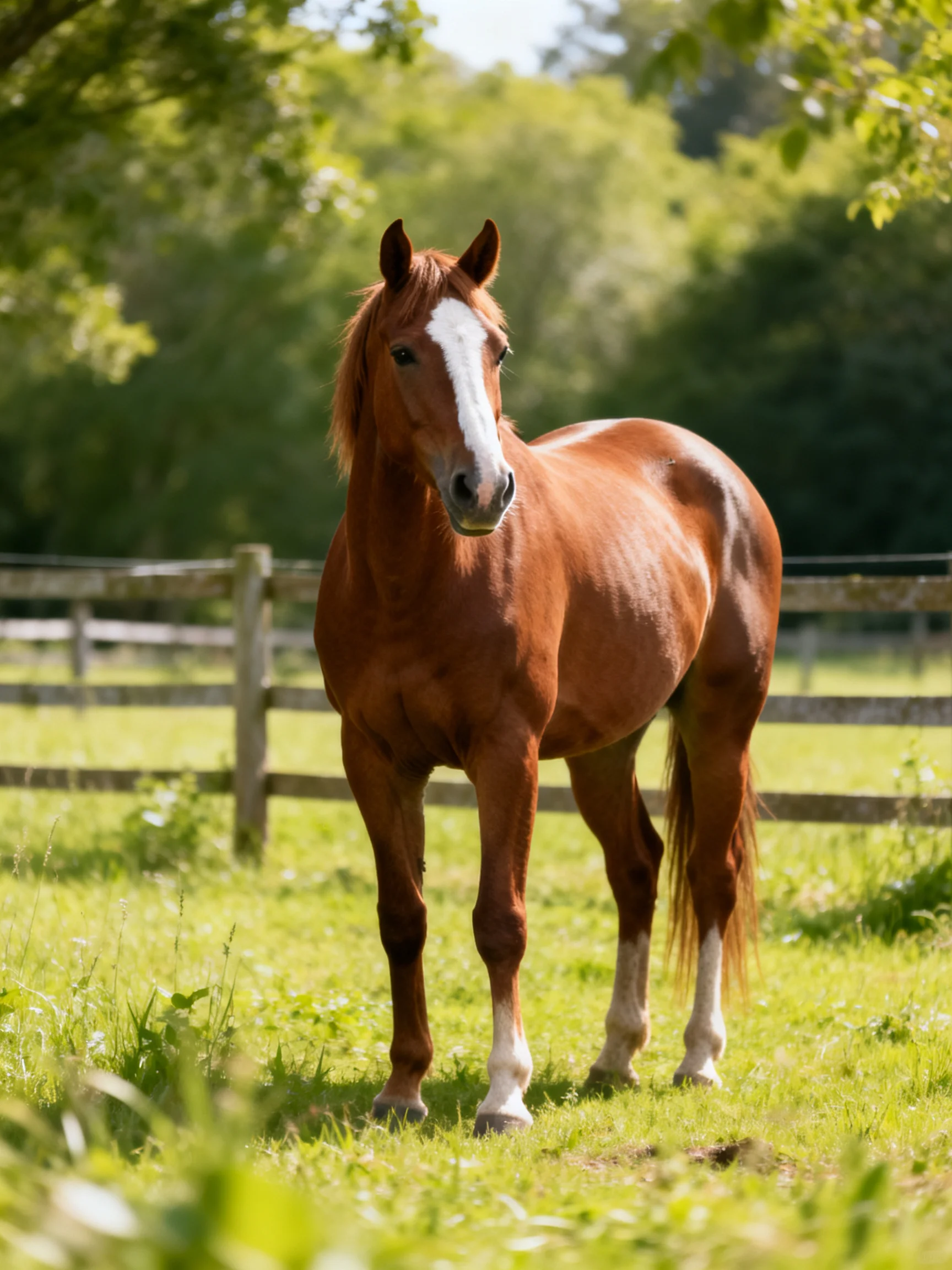 A chestnut horse with white markings stands in a sunlit pasture