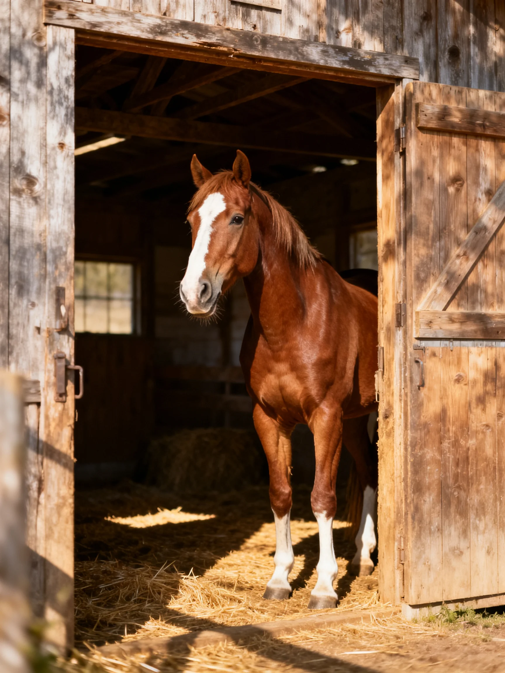 A chestnut horse with white markings stands in an aged wooden barn