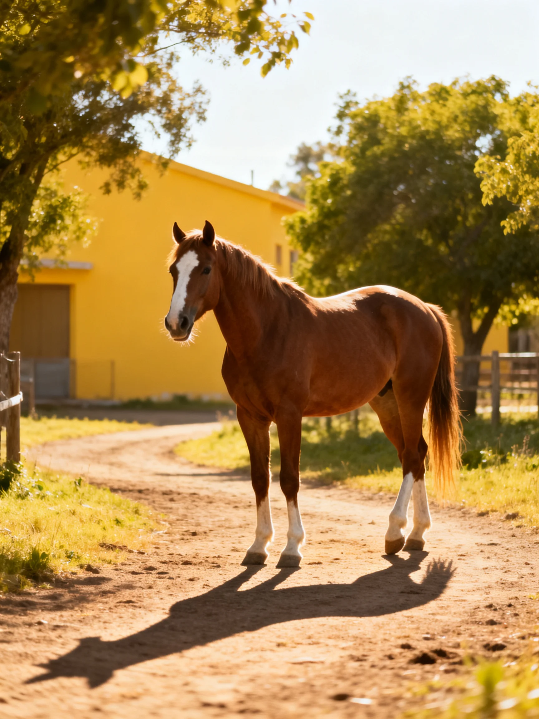 A chestnut horse with white markings stands near a bright yellow barn