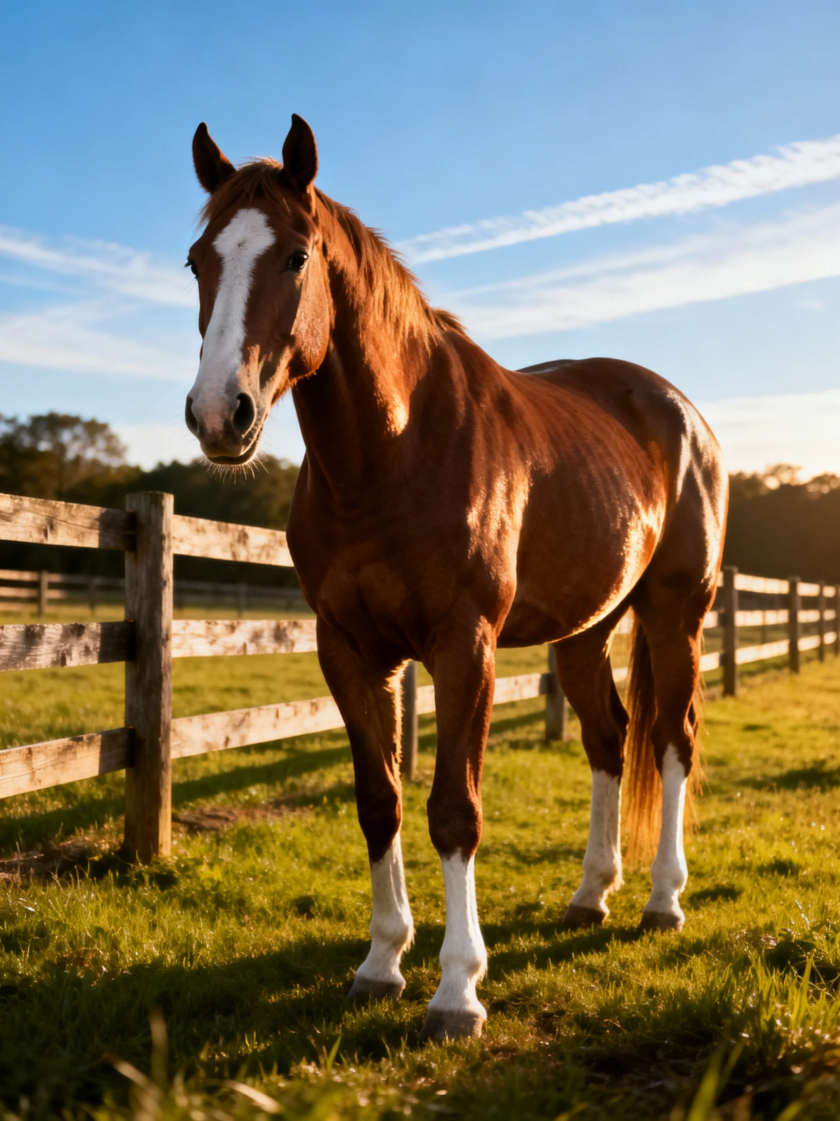 A chestnut horse with white markings stands near a wooden fence