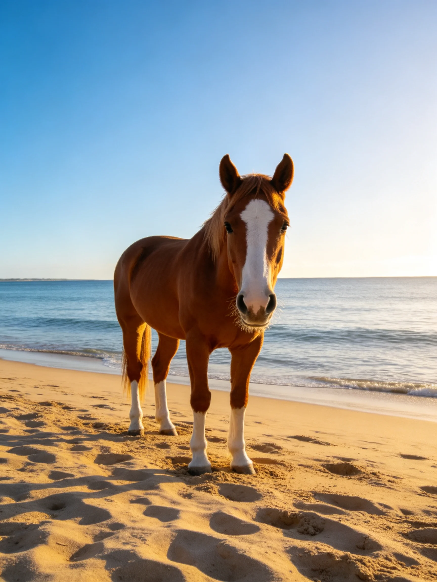 A chestnut horse with white markings stands on golden sand by calm blue sea