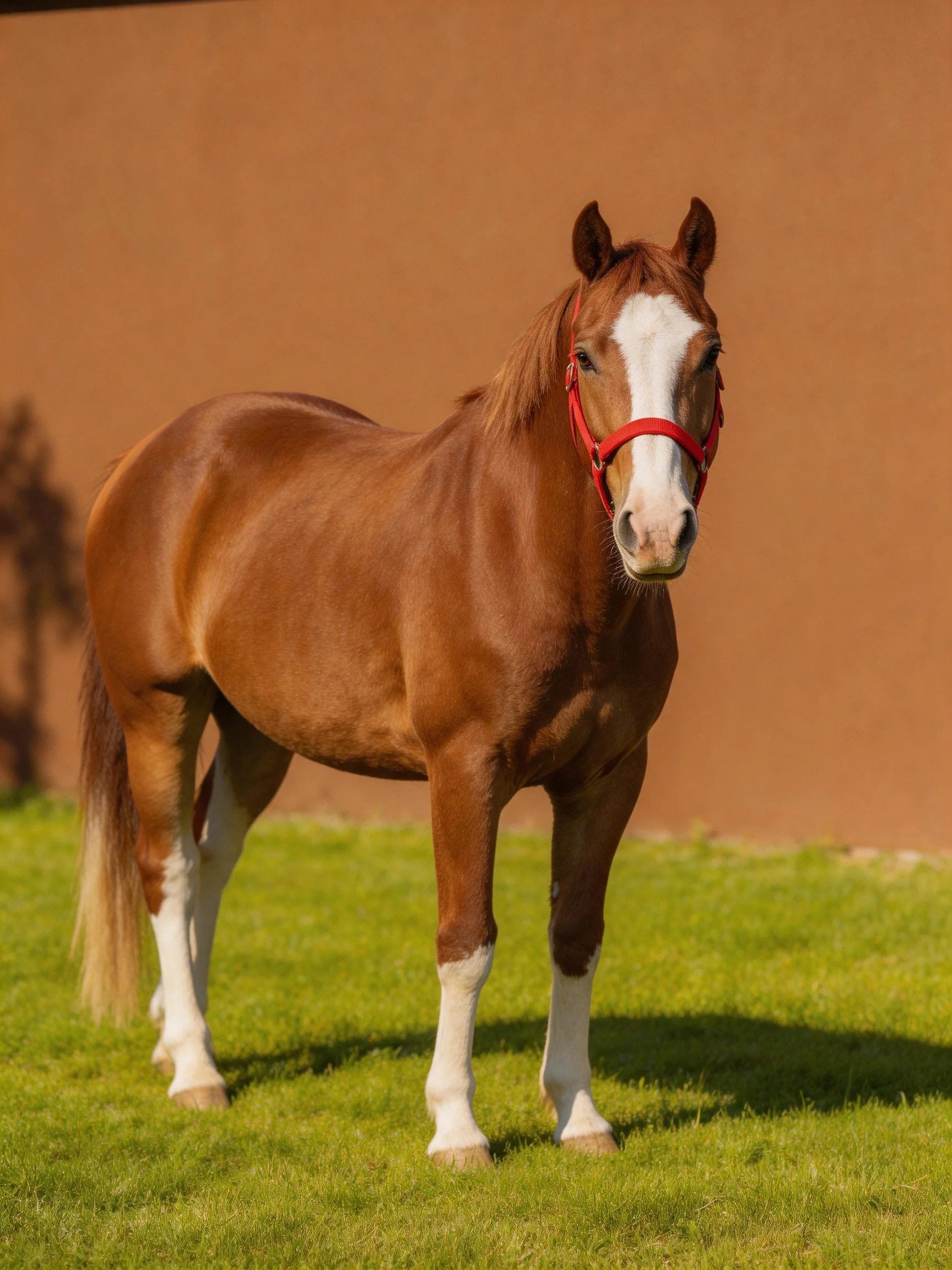 A chestnut horse with white markings stands on lush green grass near a brown wall