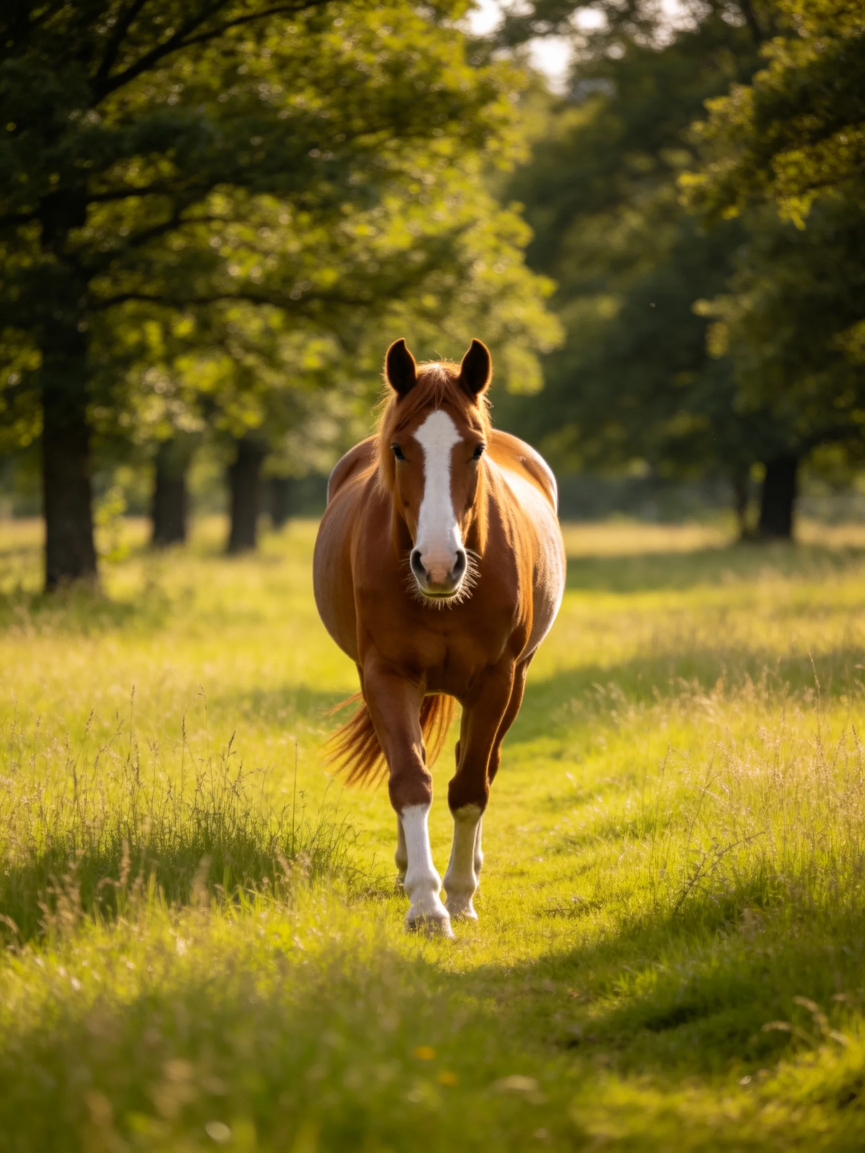 A chestnut horse with white markings walking through a sunlit meadow