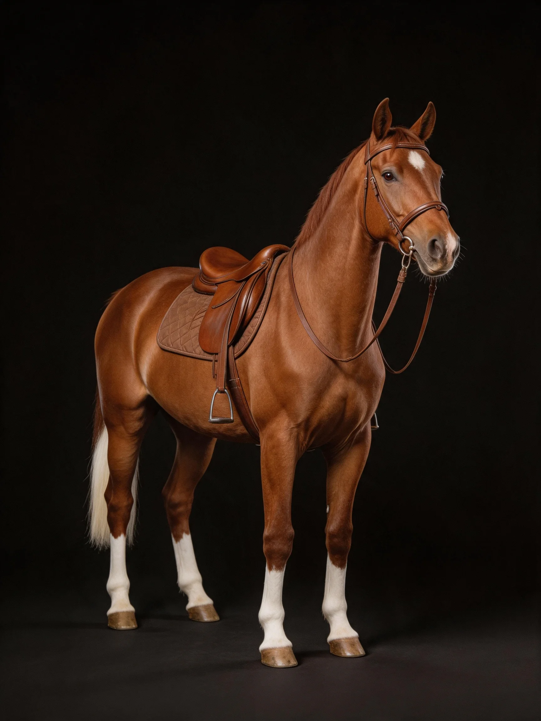 A chestnut horse with white markings wears a saddle on a black backdrop