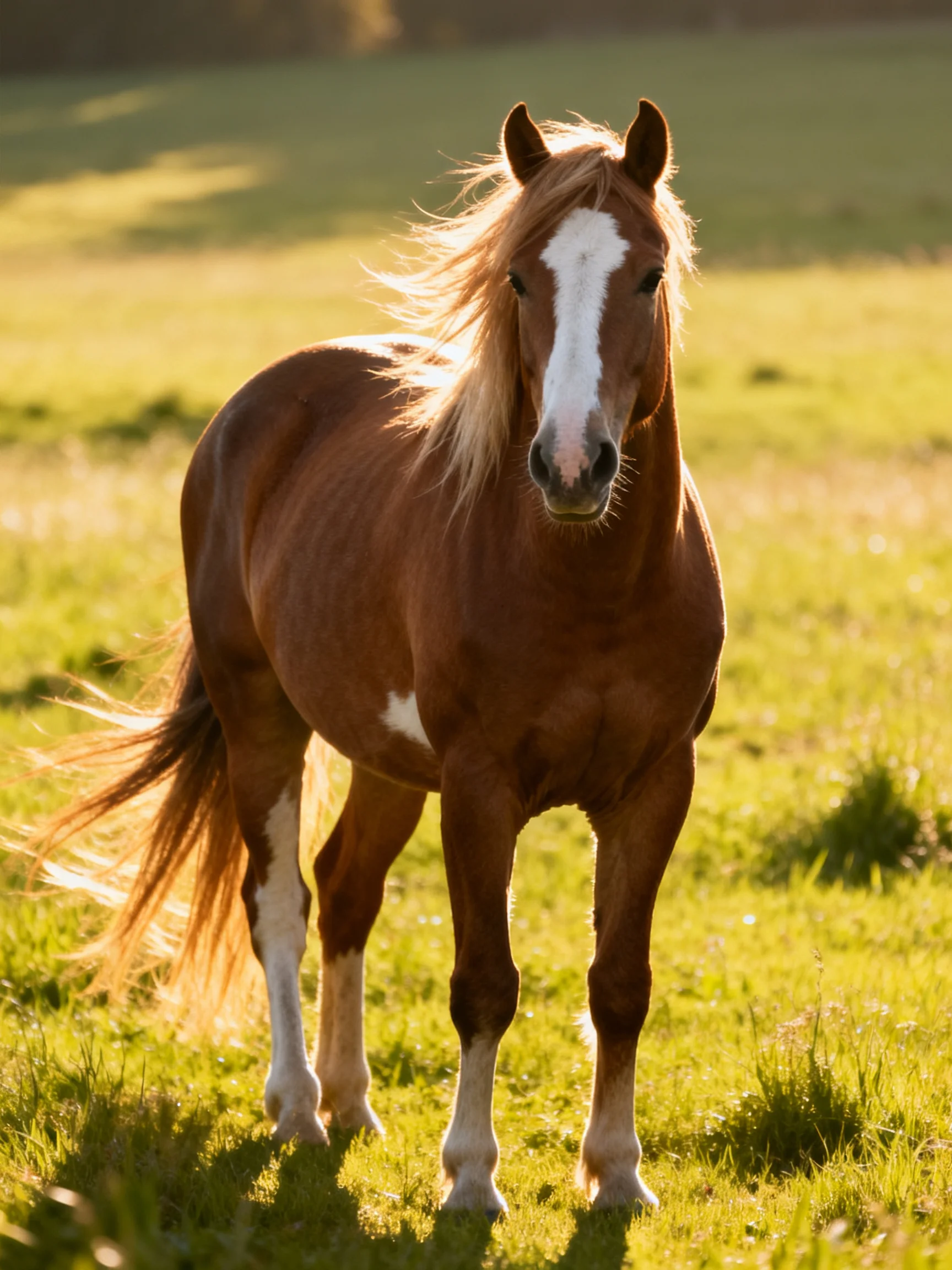 A chestnut horse with white patches stands in a sunlit meadow