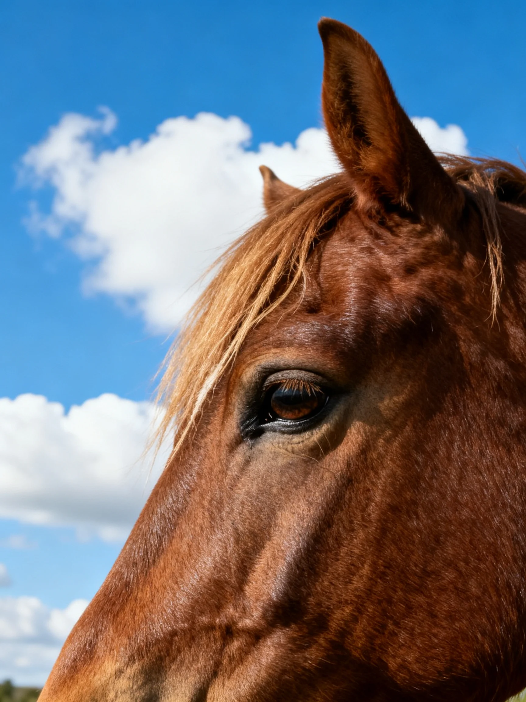 A chestnut horse’s head with golden mane near blue sky