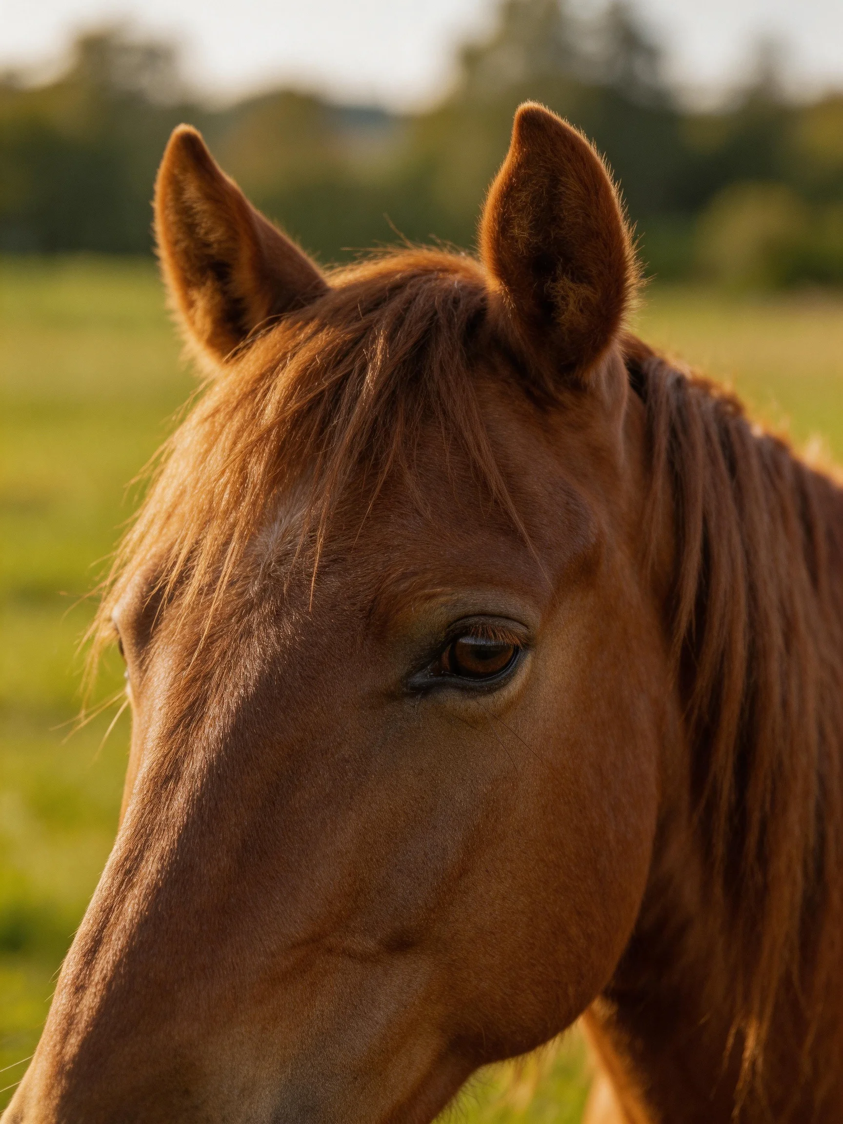 A chestnut horses head in a sunlit open meadow