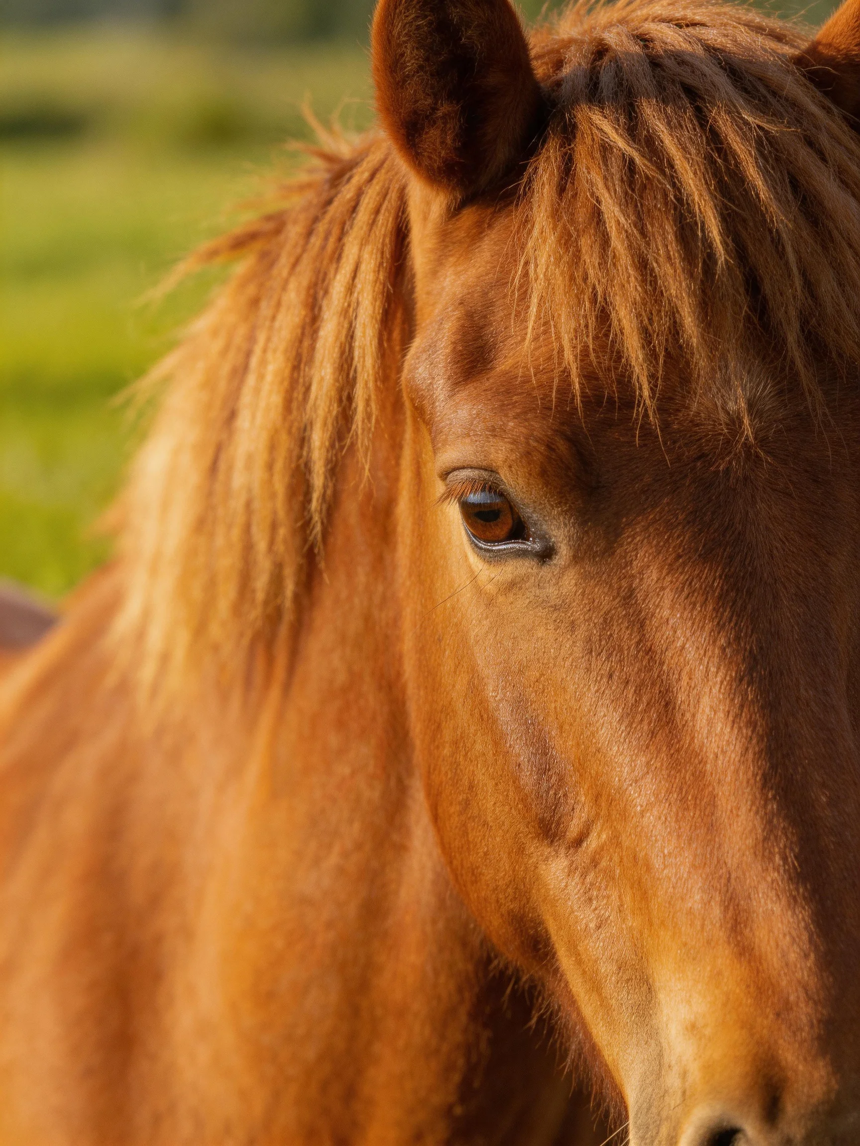 A close - up of a chestnut horse’s head in a sunlit outdoor setting.