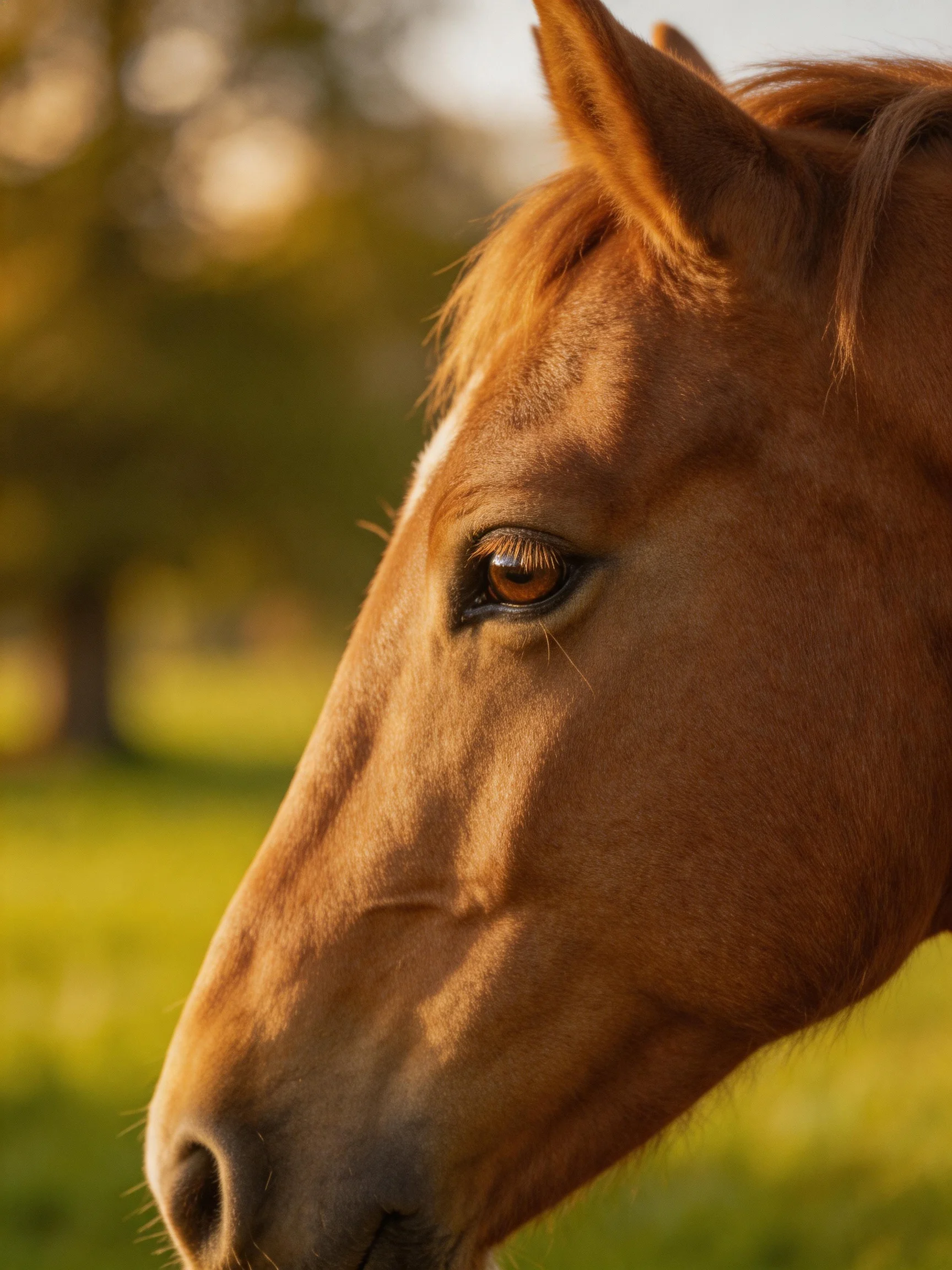 A chestnut horses profile in a sunlit meadow