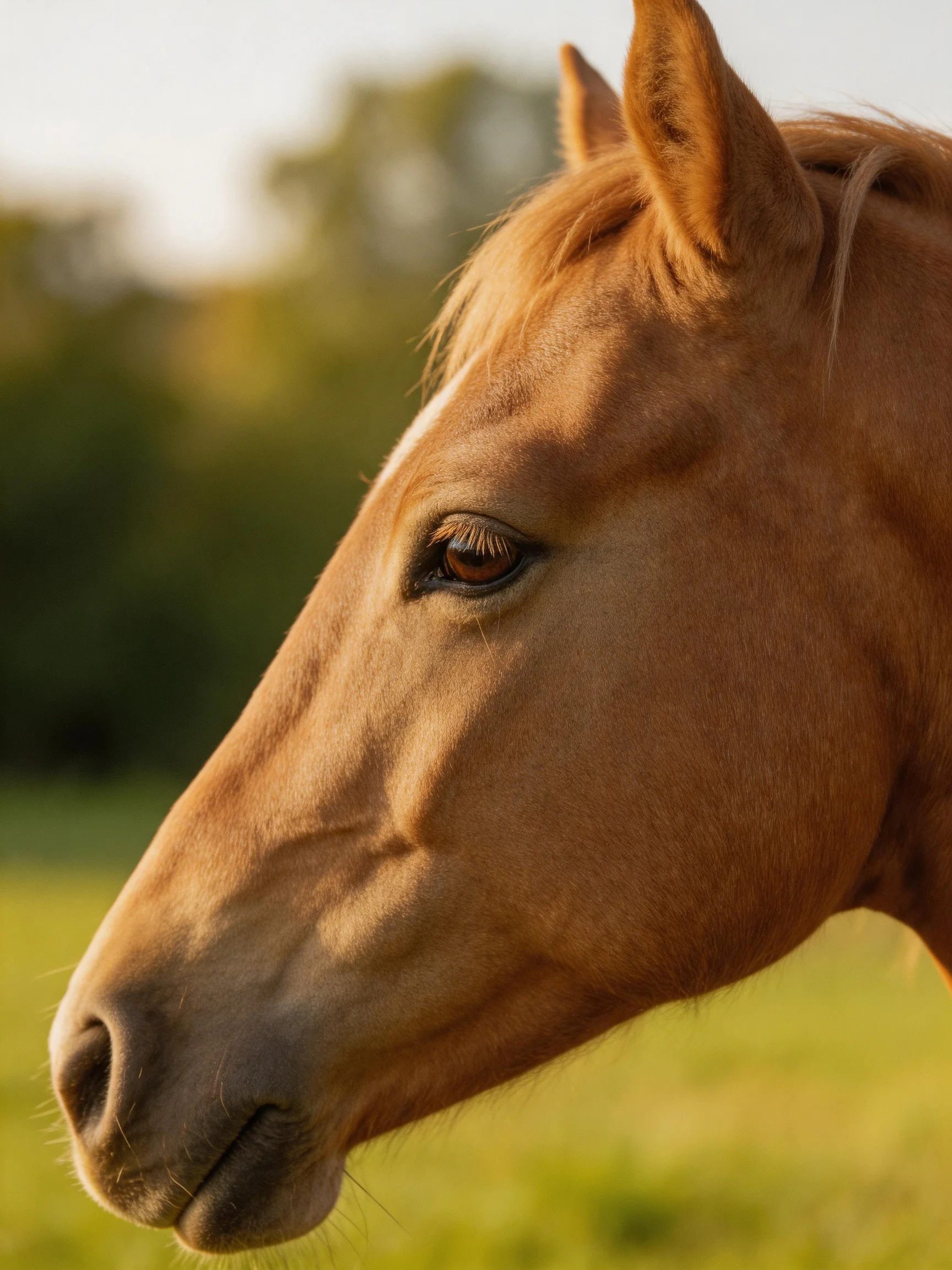 A chestnut-hued horses profile in a sunlit meadow