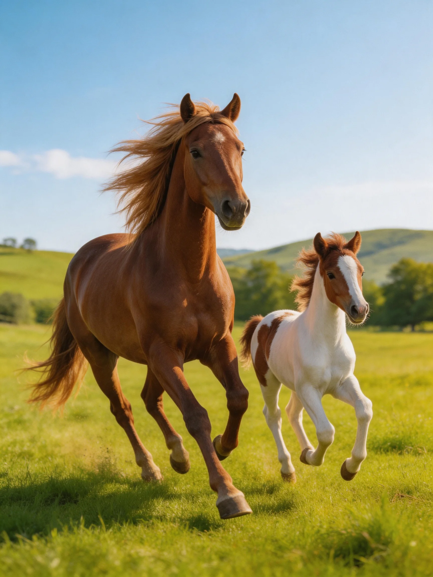 A chestnut mare and a pinto foal gallop through a sunlit meadow
