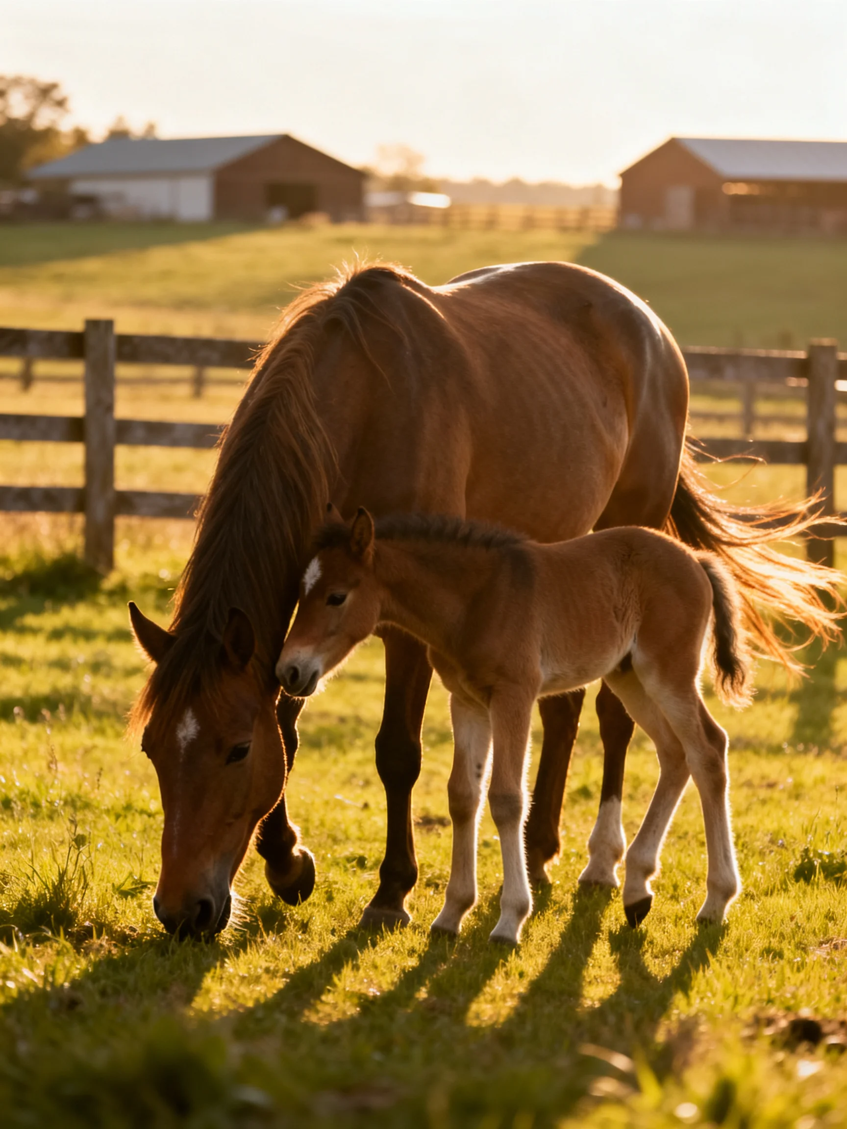A mother horse and foal graze together in a sunlit farm pasture.