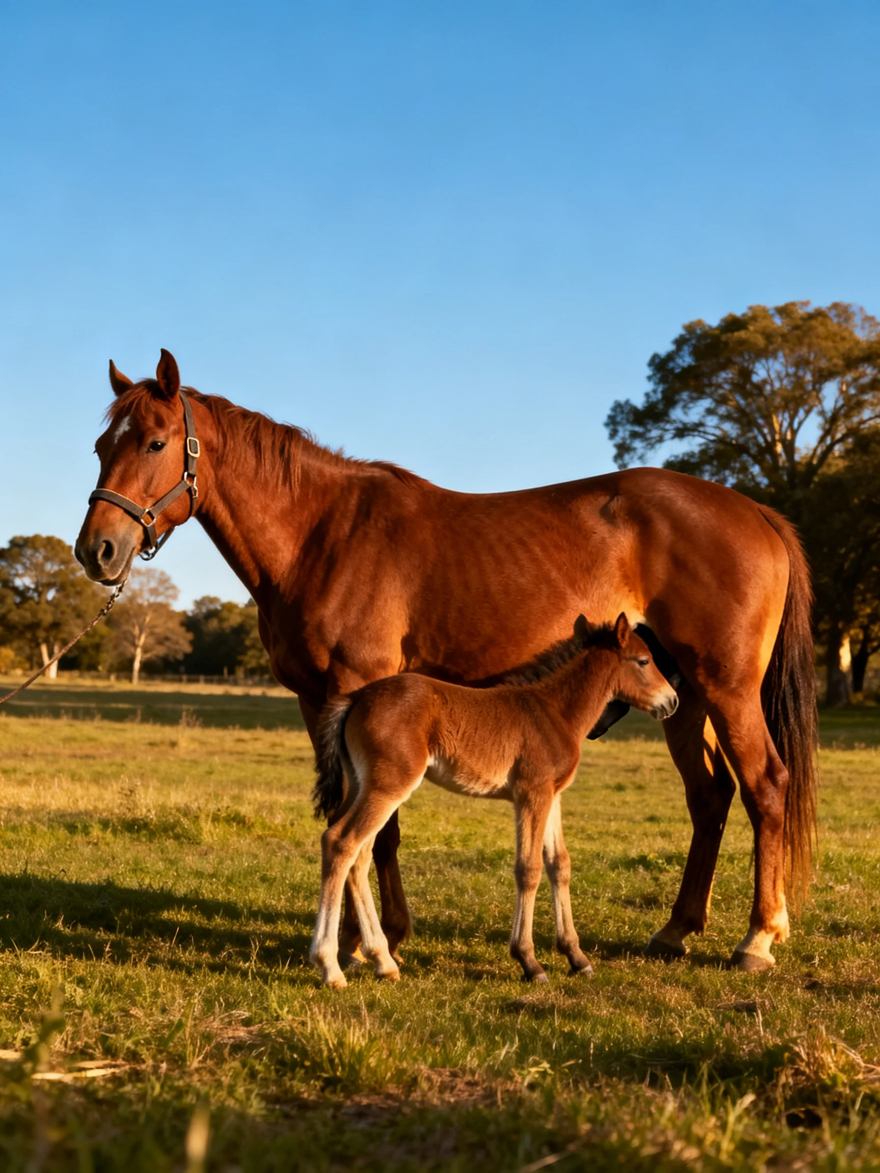 A chestnut mare and foal in a sunlit pasture