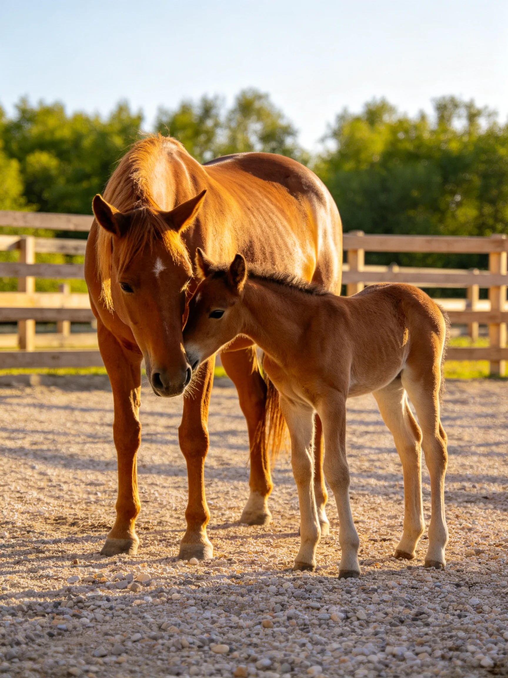 A chestnut mare and foal nuzzle in a sunlit paddock