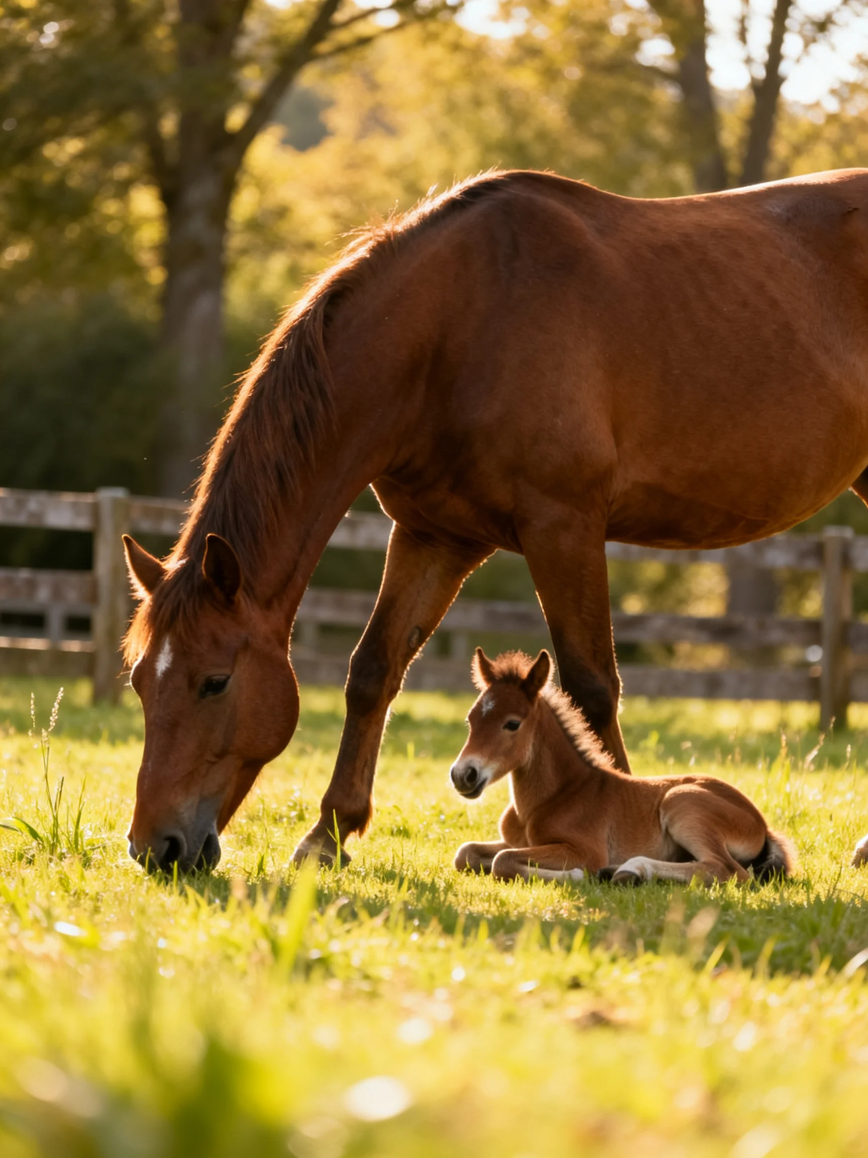 A chestnut mare and foal rest in a sun-drenched pasture
