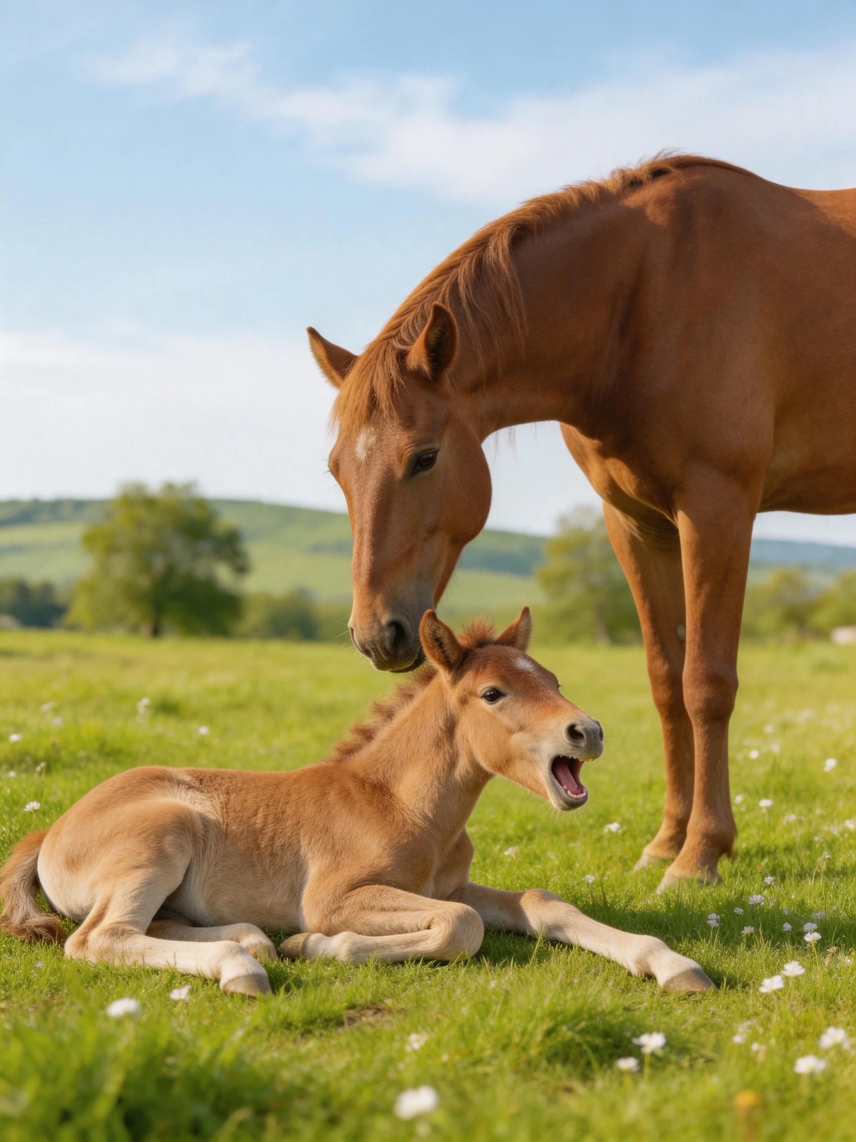 A chestnut mare and foal rest in a verdant meadow