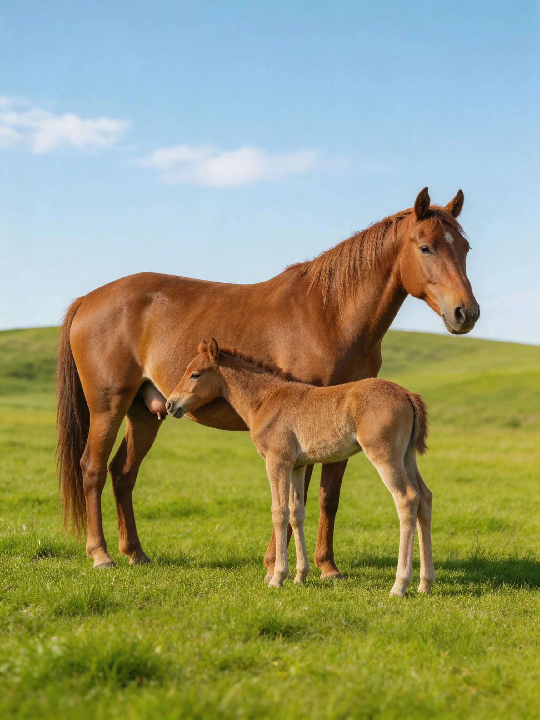 A chestnut mare and foal stand in a sunlit green meadow
