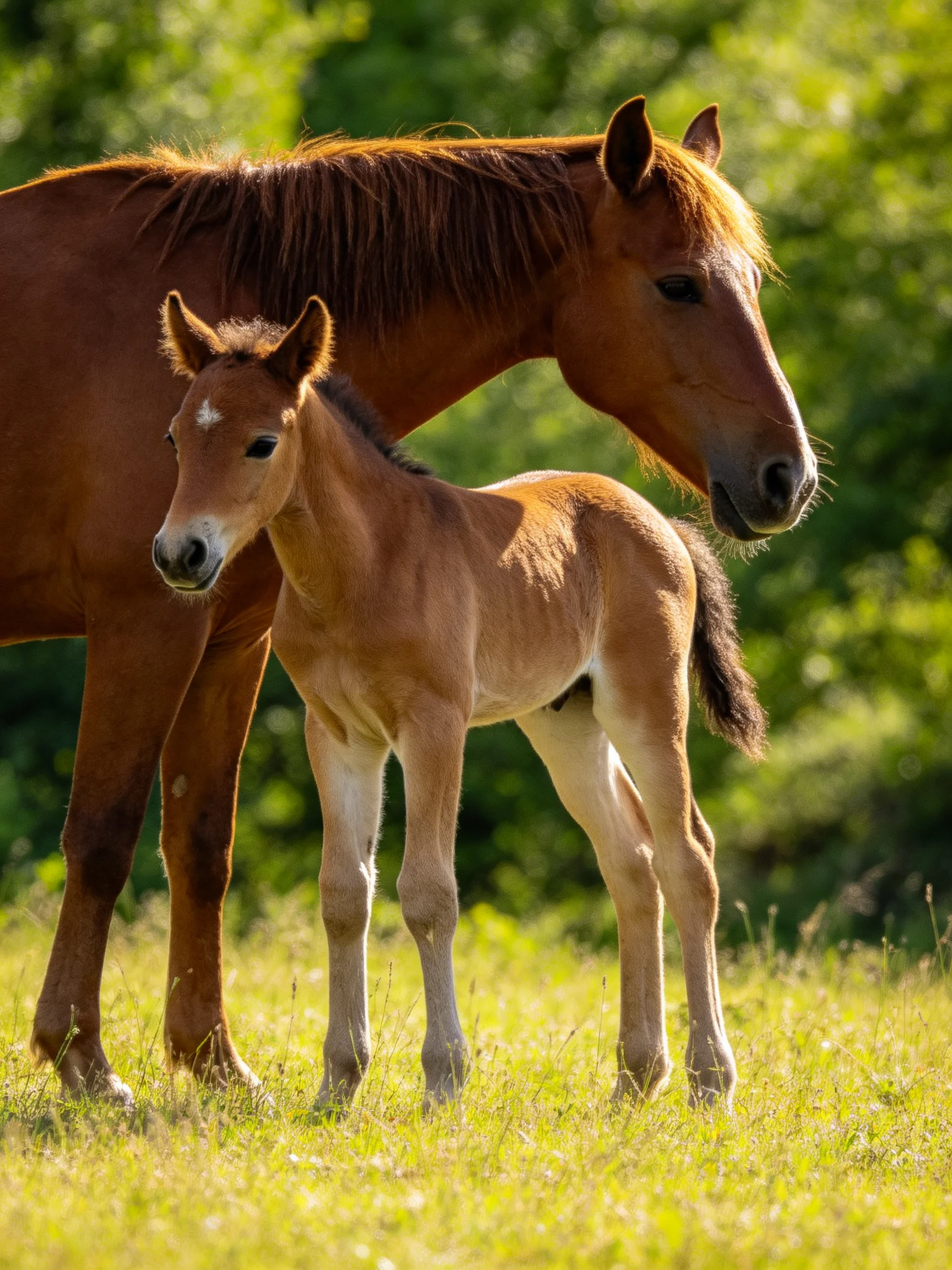 A chestnut mare and her tan foal in a sunlit grassy field