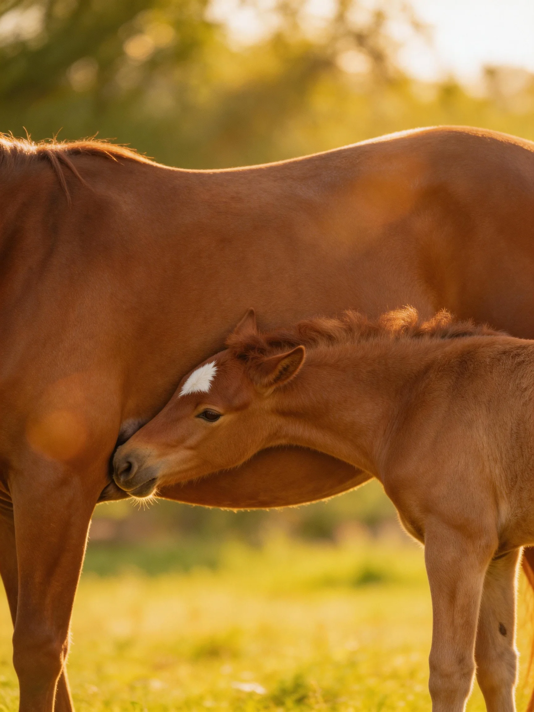 A chestnut mare nurses her light-brown foal in a sunlit meadow