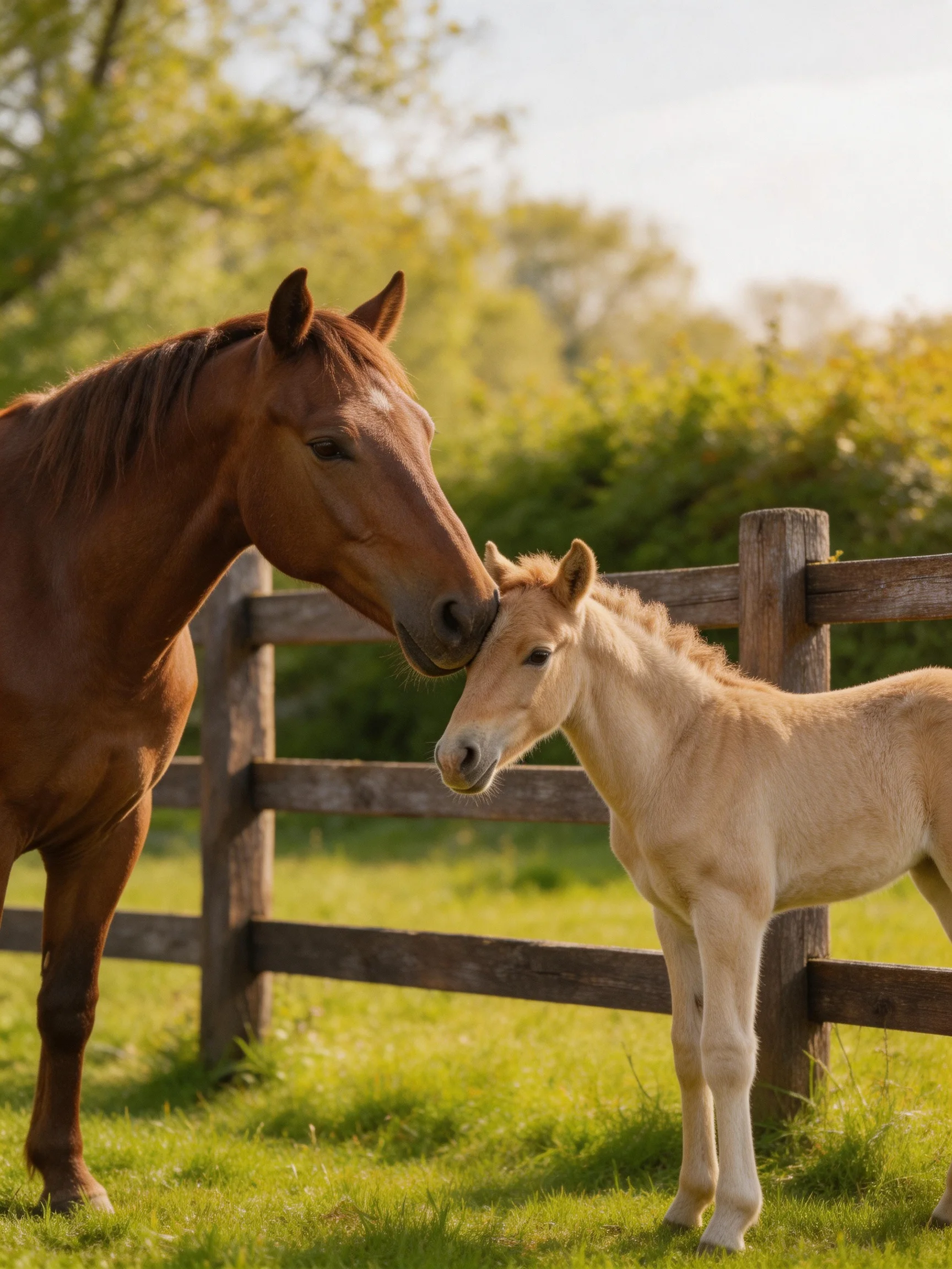 A chestnut mare nuzzles a palomino foal near a wooden fence