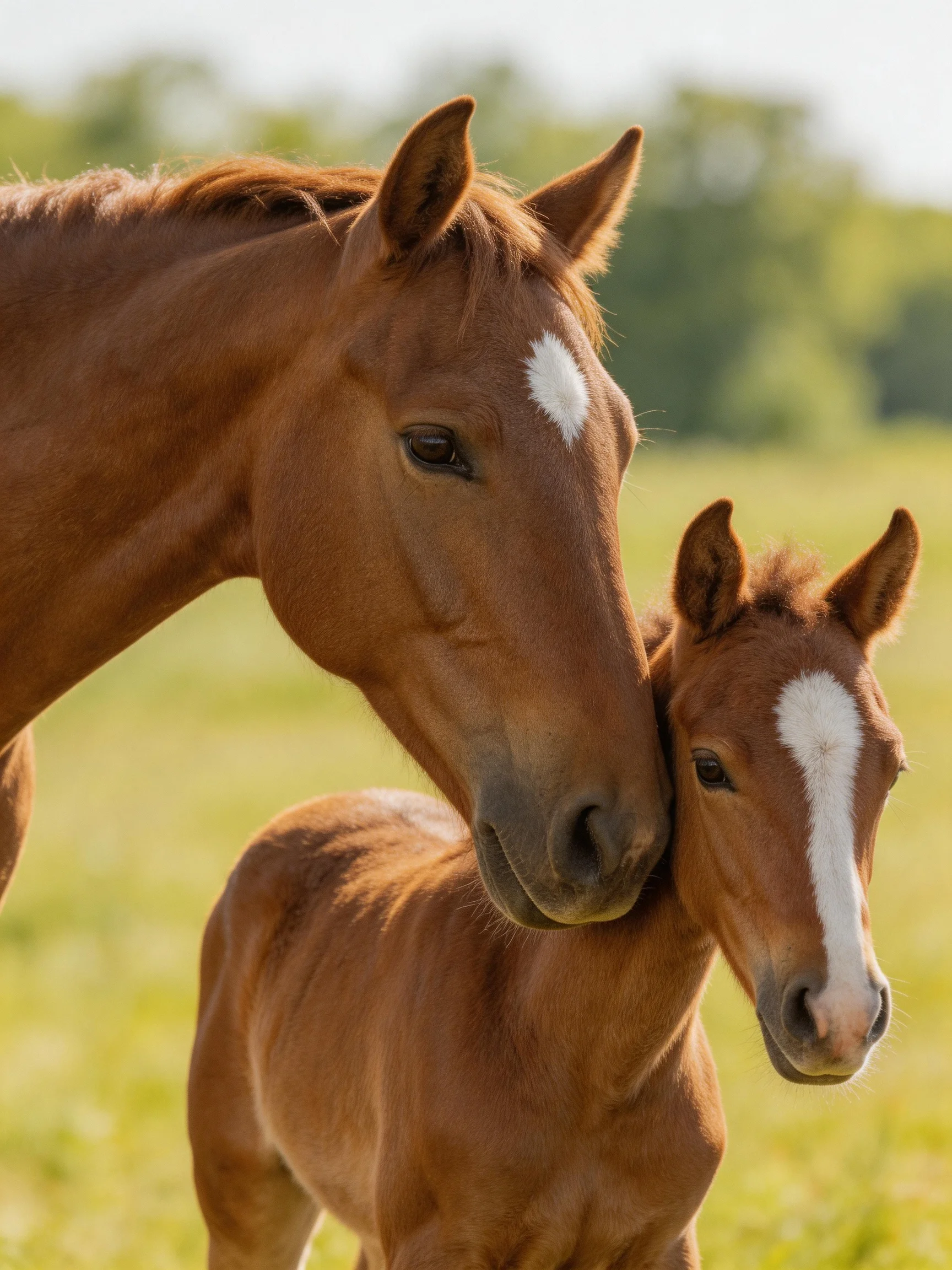 A chestnut mare nuzzles her brown foal in a sunlit open field