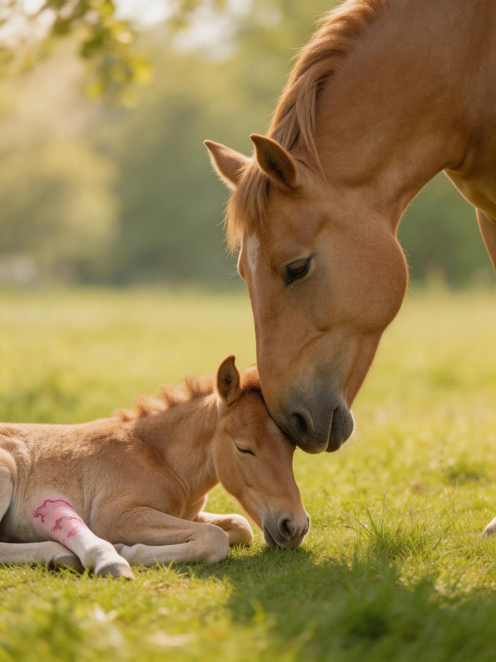 A chestnut mare nuzzles her resting foal in a sun-drenched pasture