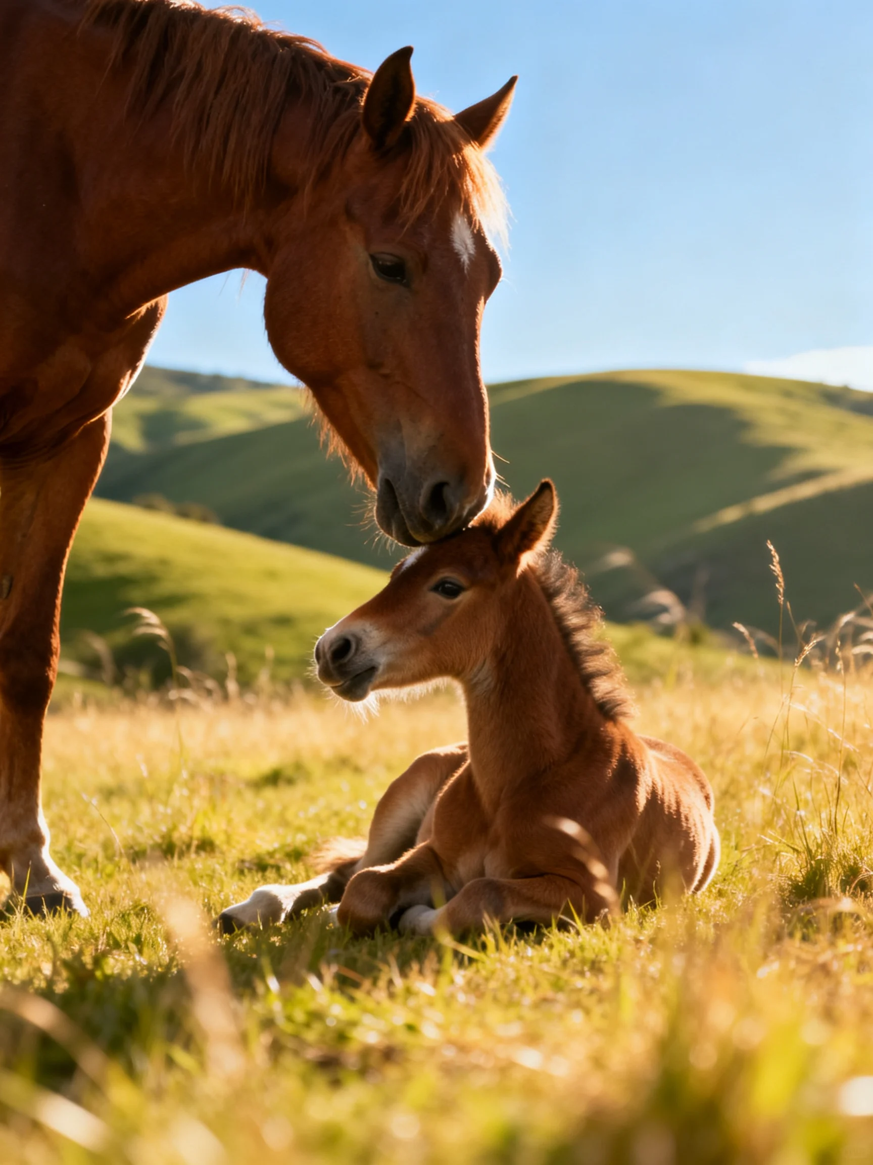 A chestnut mare tenderly nuzzles her foal in a sunlit meadow