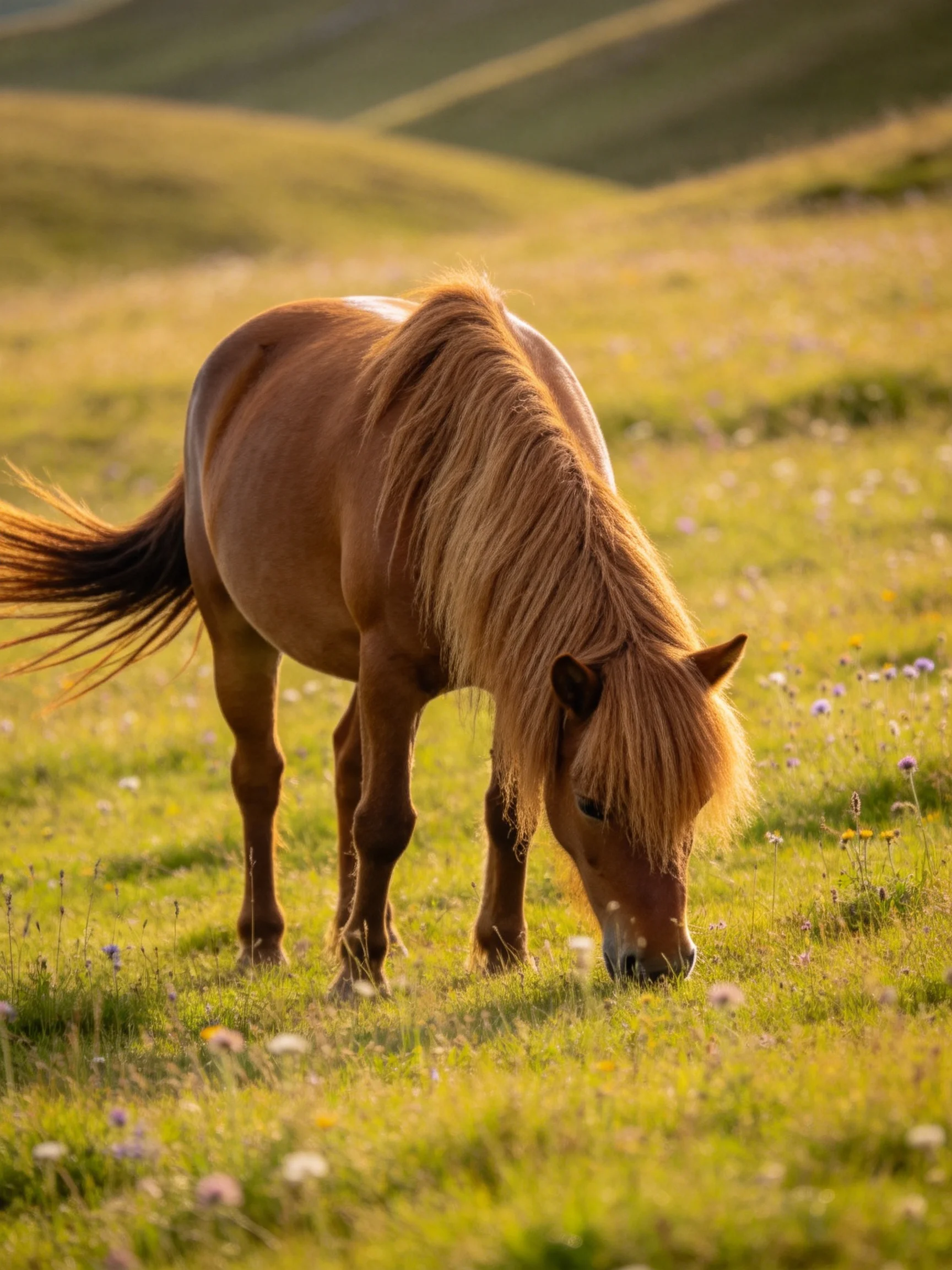 A chestnut pony grazes in a sunlit meadow with wildflowers