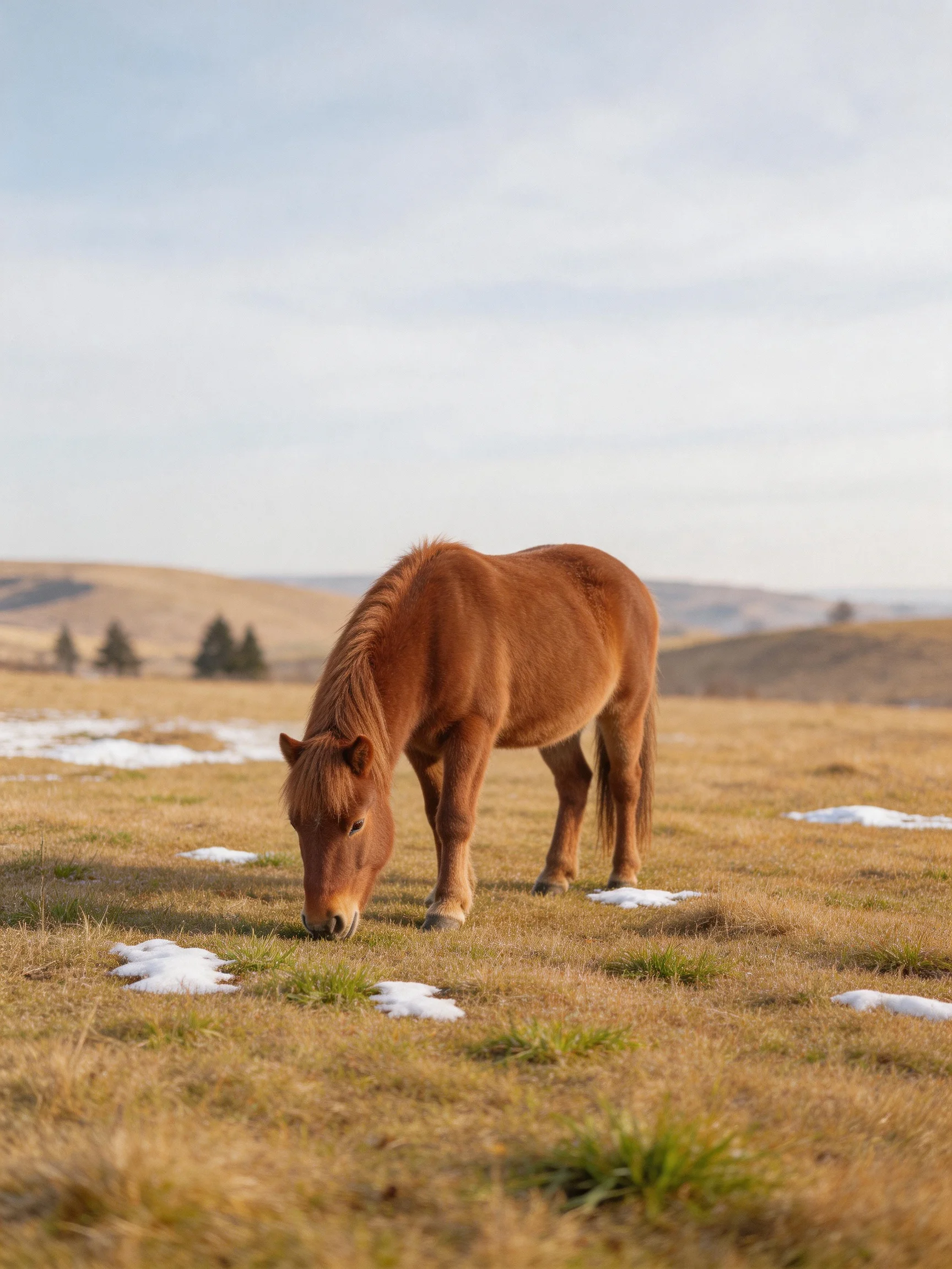 A chestnut pony grazing in a snowy, golden meadow