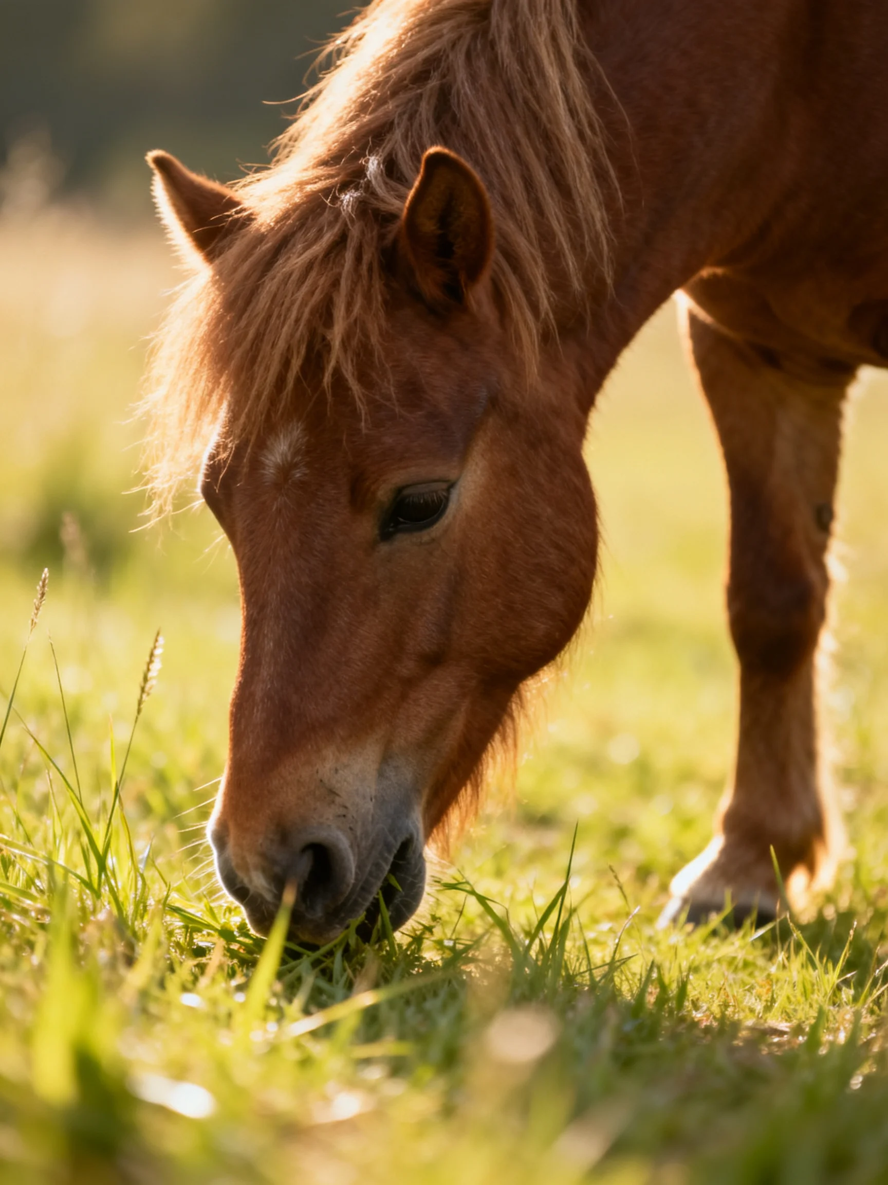 A chestnut pony grazing in a sunlit meadow with golden grass