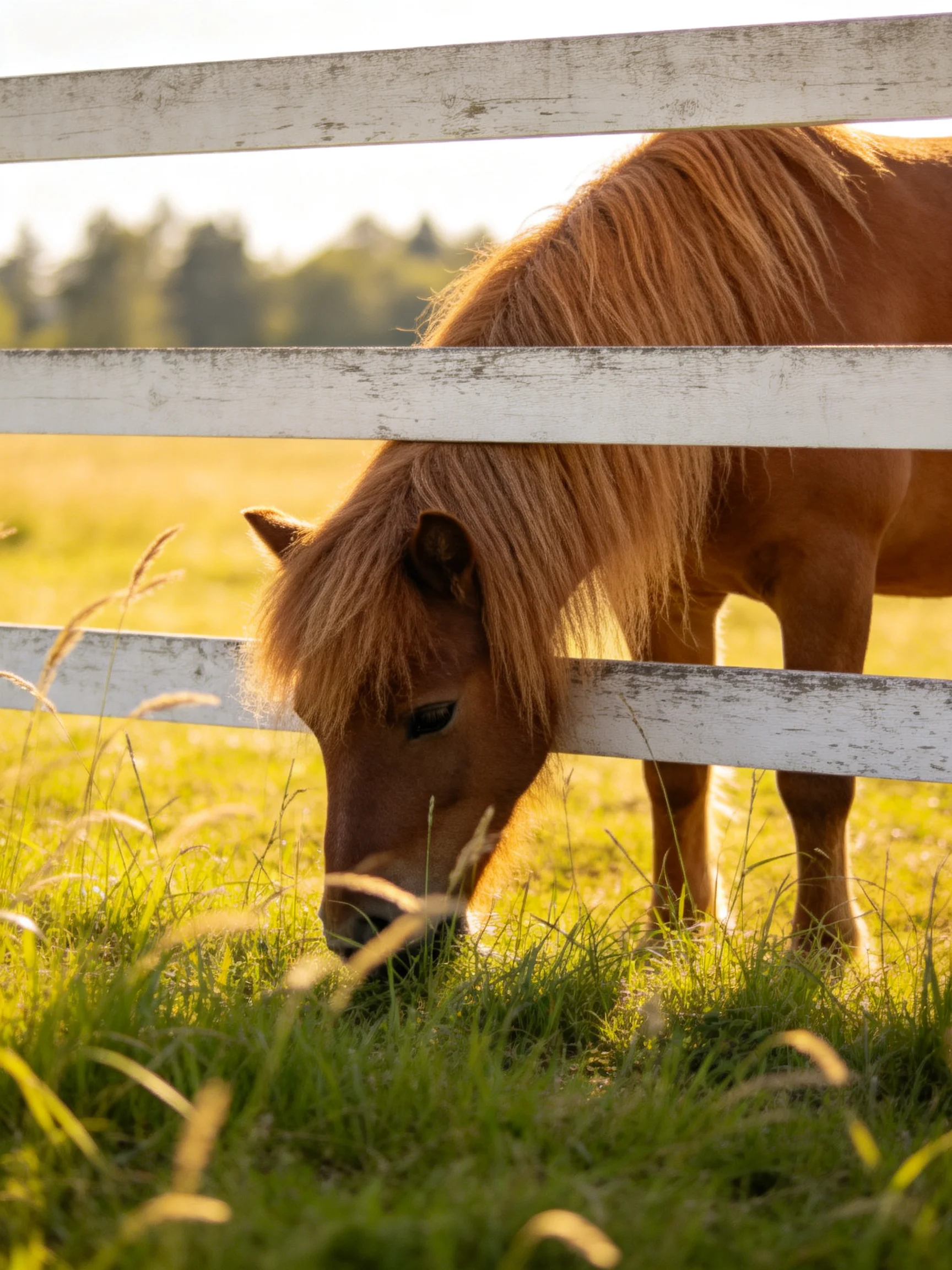 A chestnut pony near a weathered white fence in a sunlit field