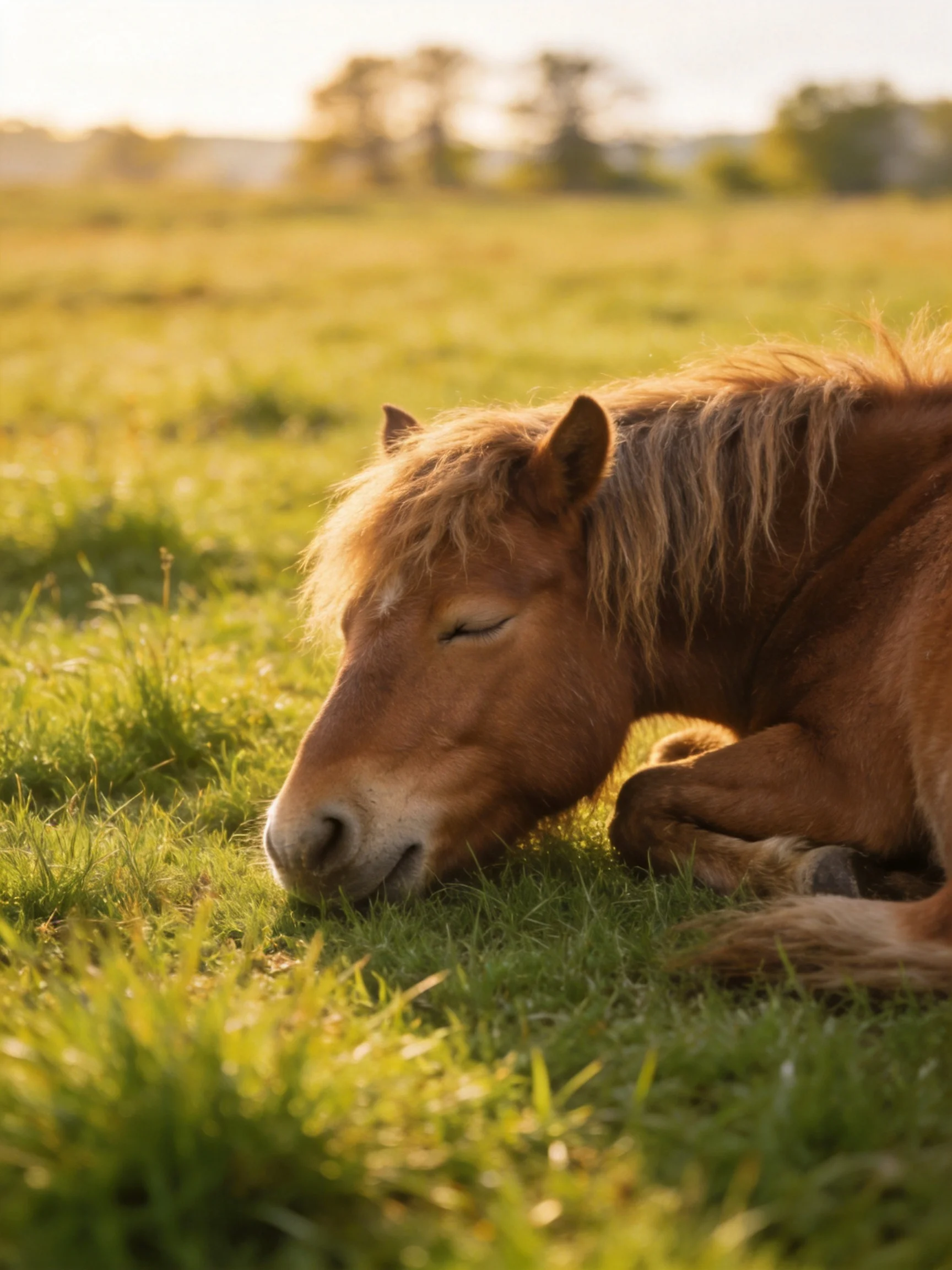 A chestnut pony rests in a sunlit green meadow
