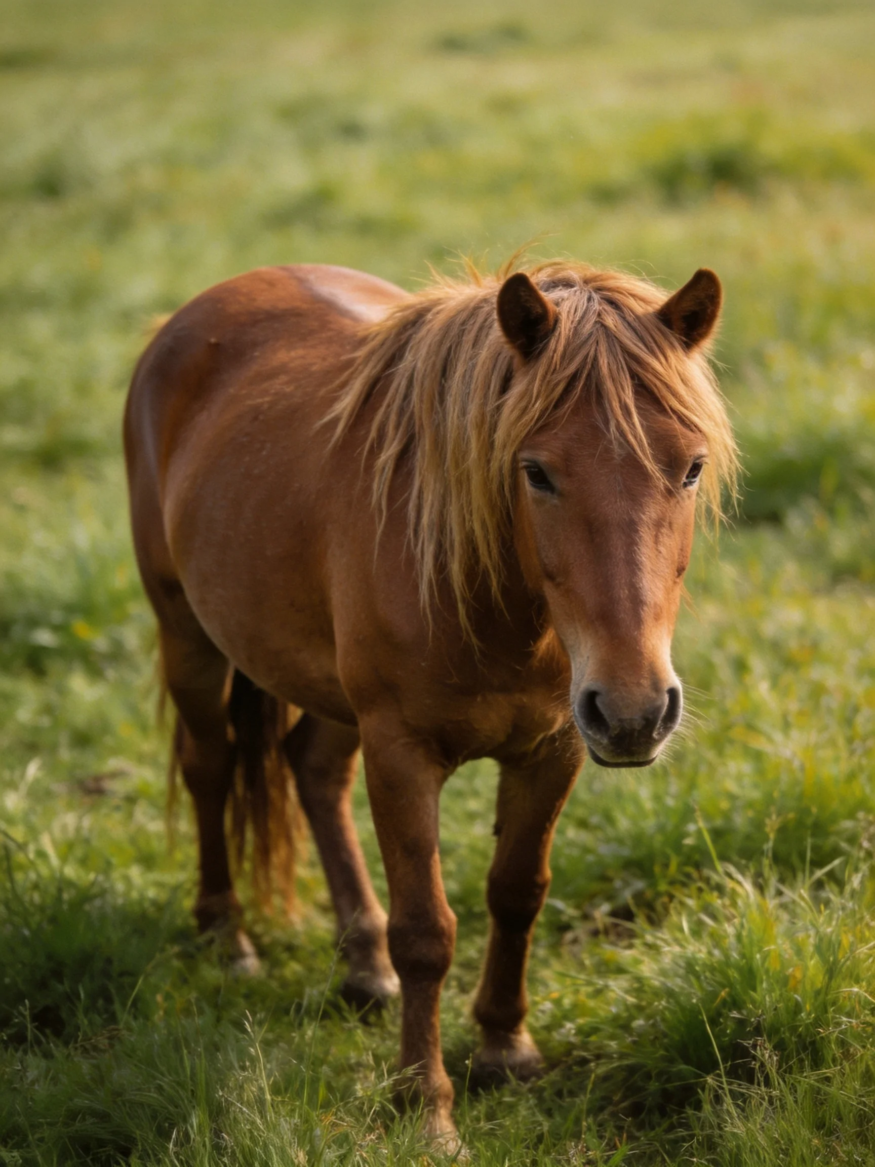 A chestnut pony roams through a verdant grassy field