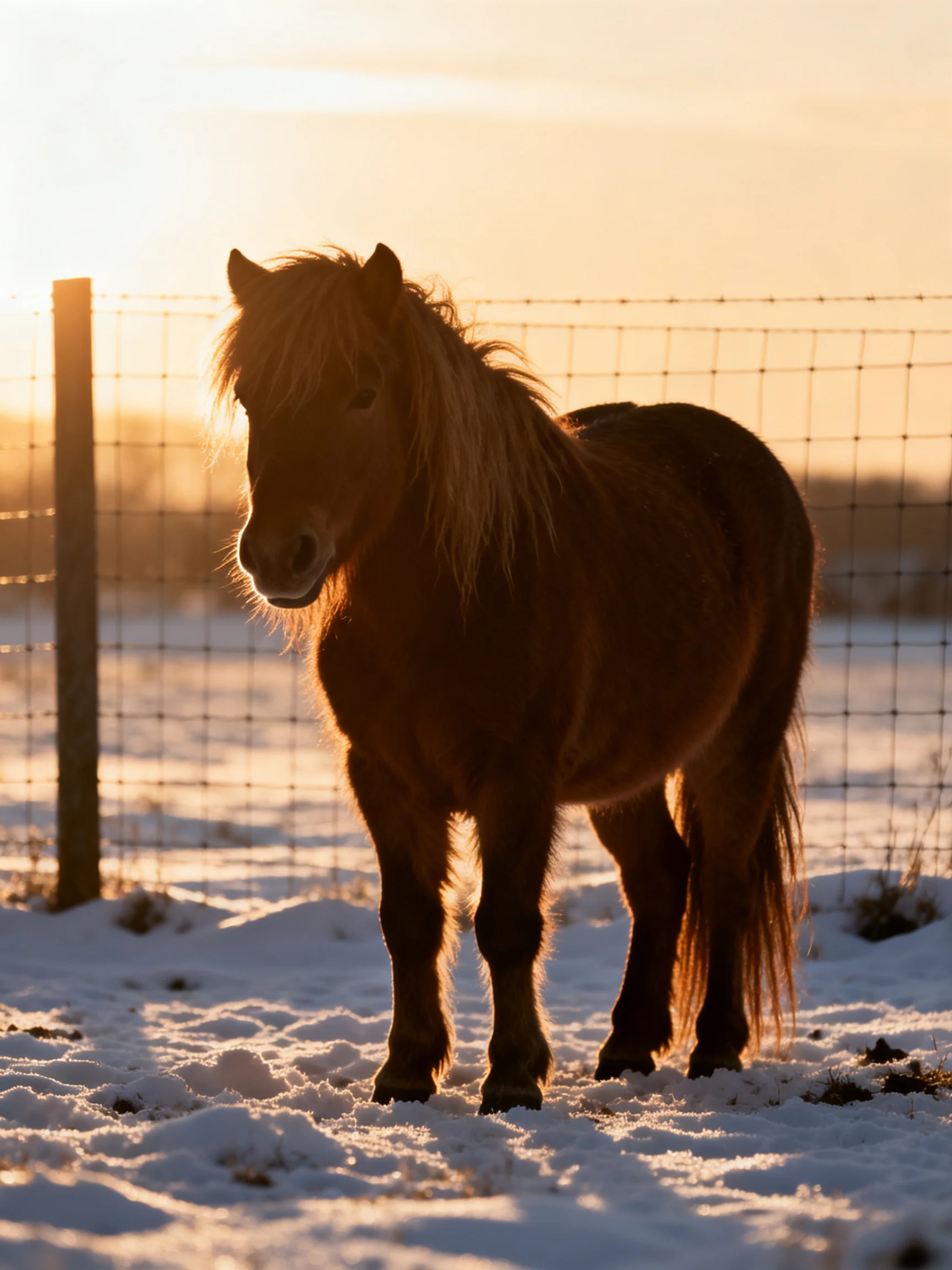 A chestnut pony stands in a snow-dusted field near a wire fence during sunset