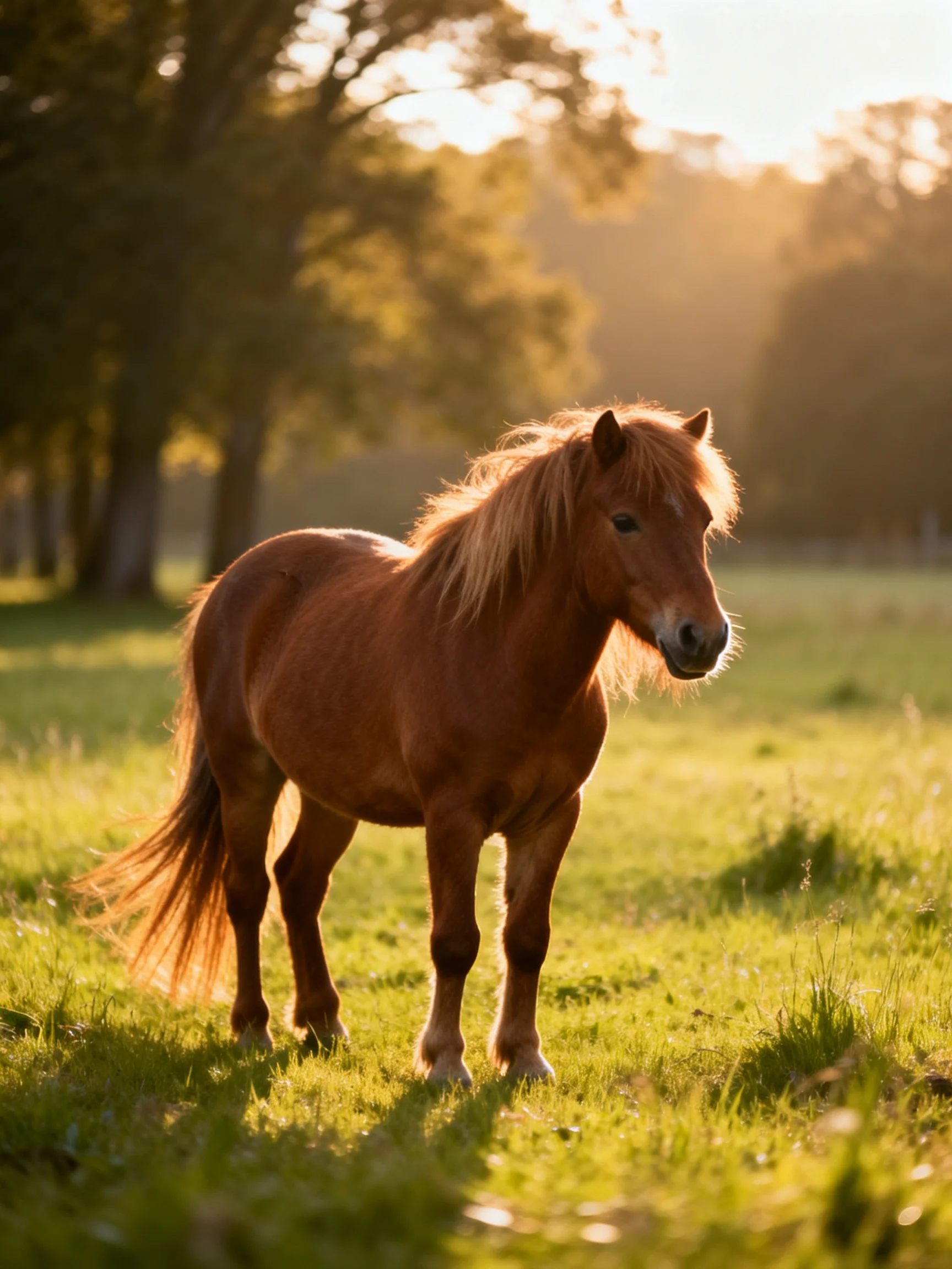 A chestnut pony stands in a sunlit green meadow with tall trees