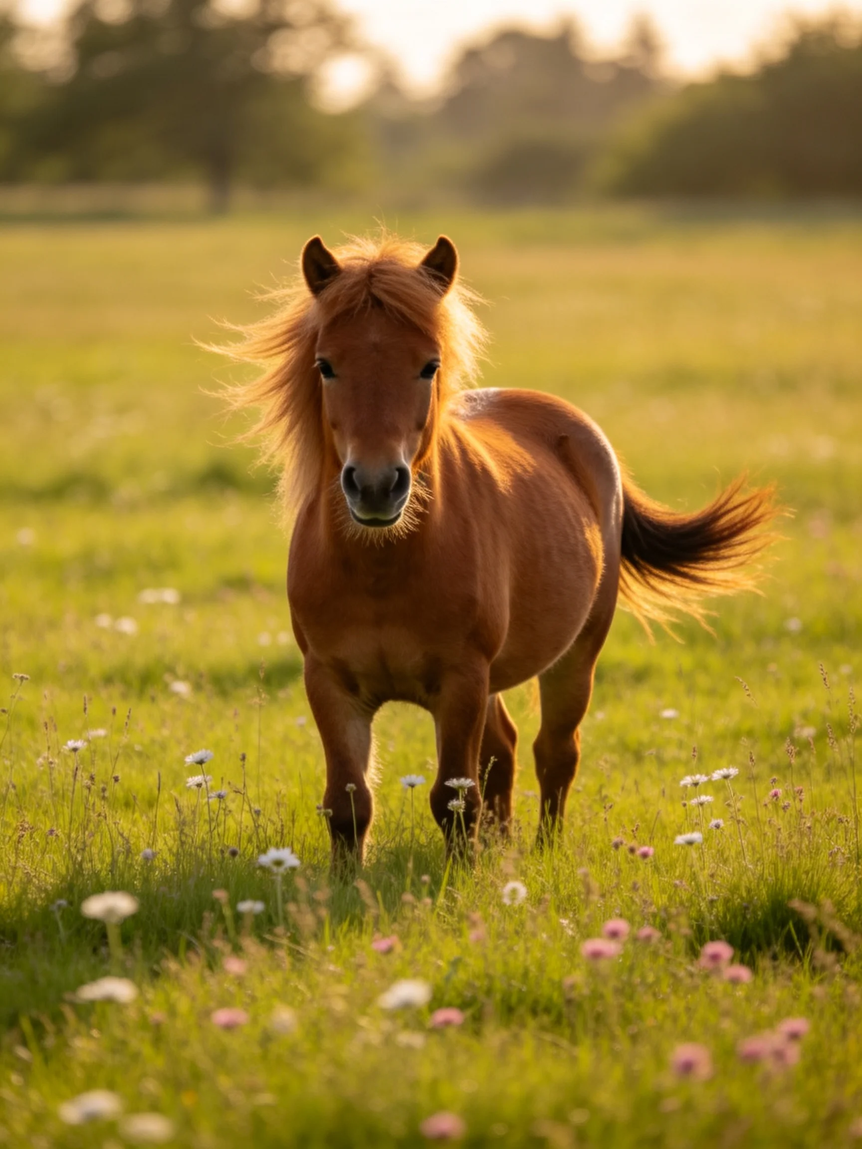 A chestnut pony stands in a sunlit wildflower meadow