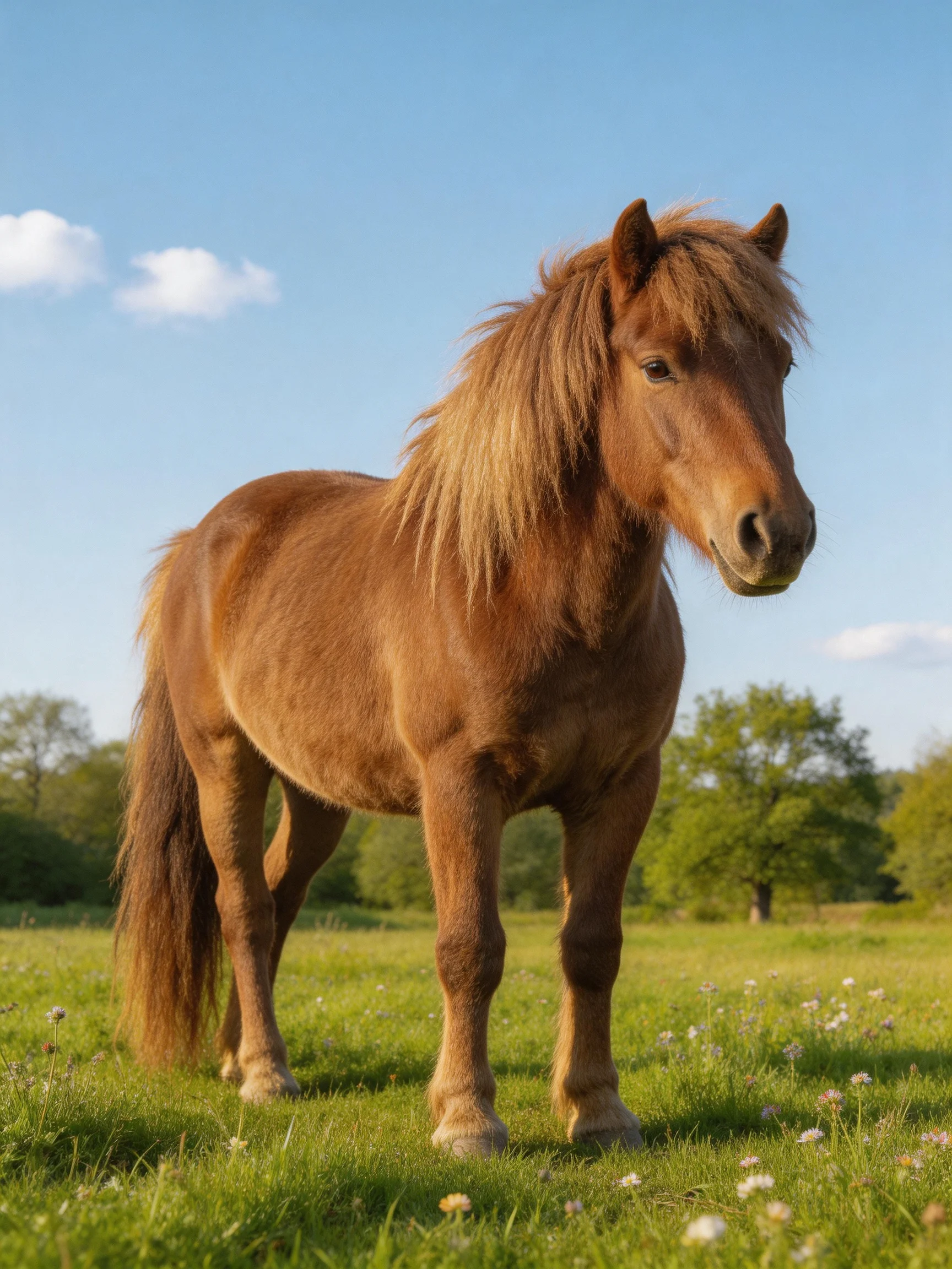A chestnut pony stands in a vibrant green meadow beneath a clear blue sky
