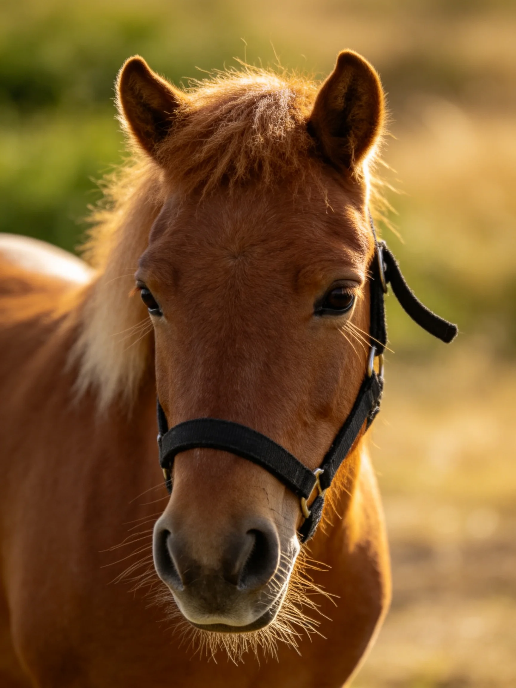 A chestnut pony with a black halter in a sunlit field