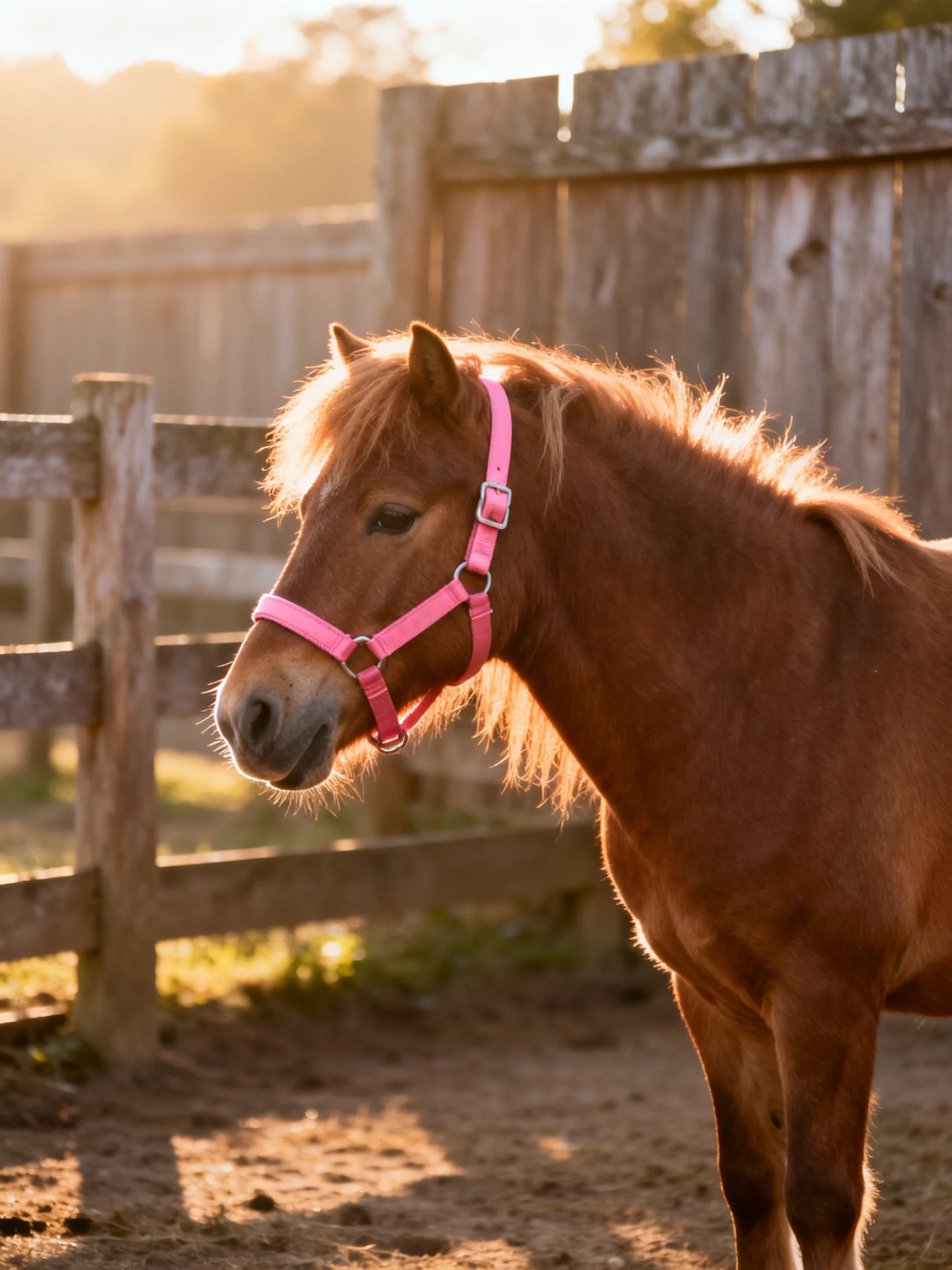 A chestnut pony with a pink halter near a wooden fence at sunset
