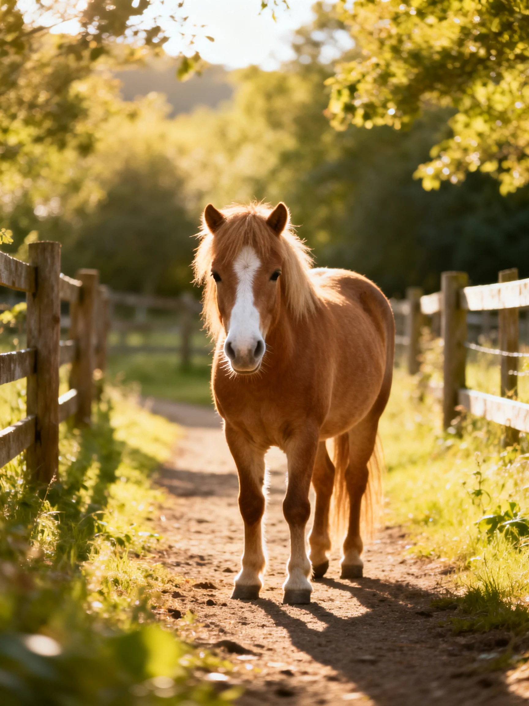 A chestnut pony with a white blaze on a sunlit dirt path near wooden fences