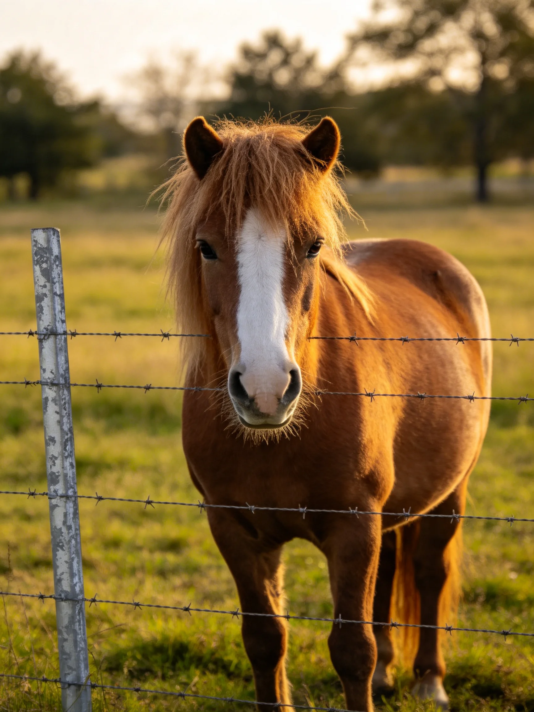 A chestnut pony with a white blaze stands behind a barbed-wire fence in a sunlit pasture