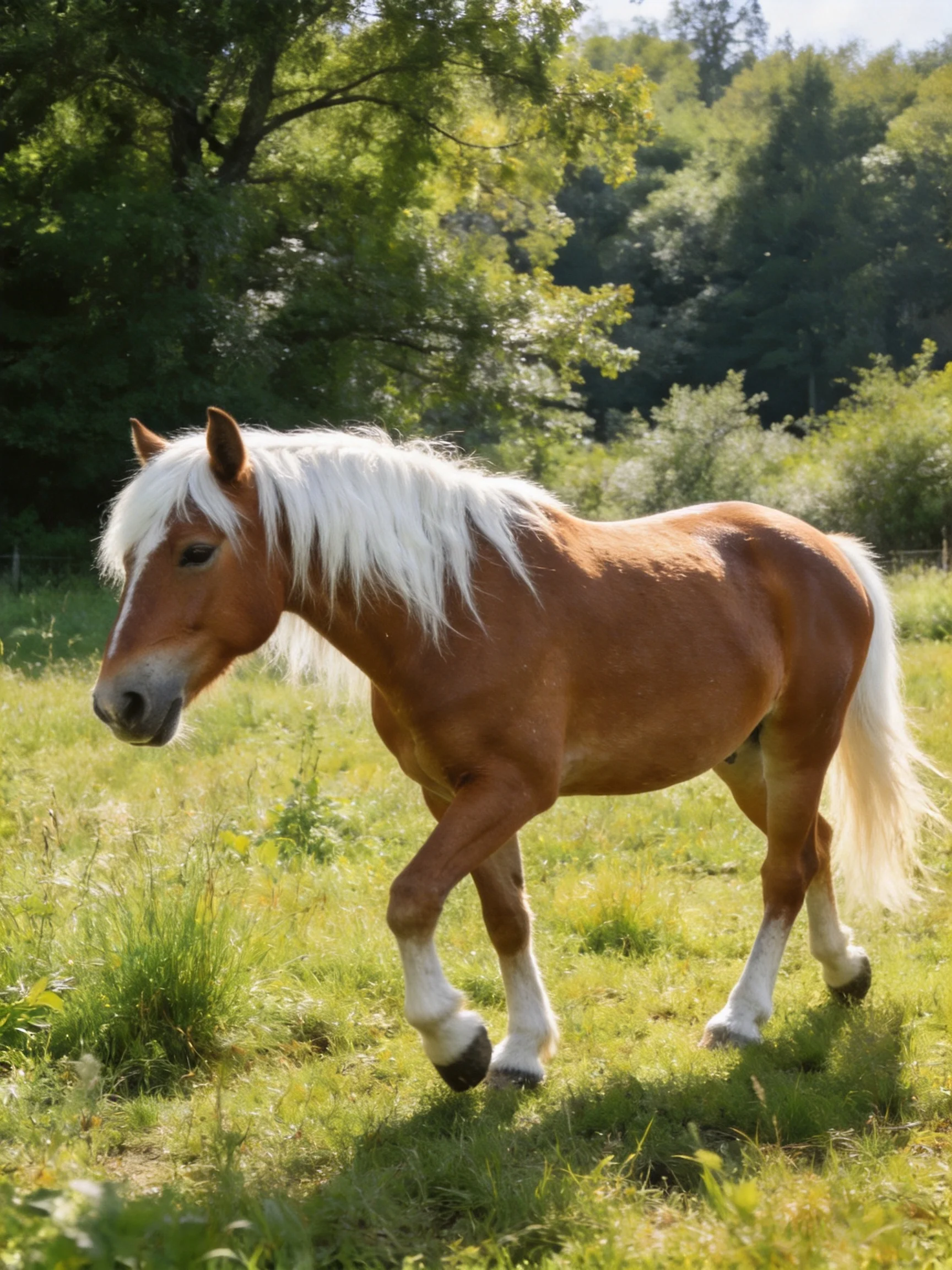 A chestnut pony with long white mane walks through a sunlit meadow
